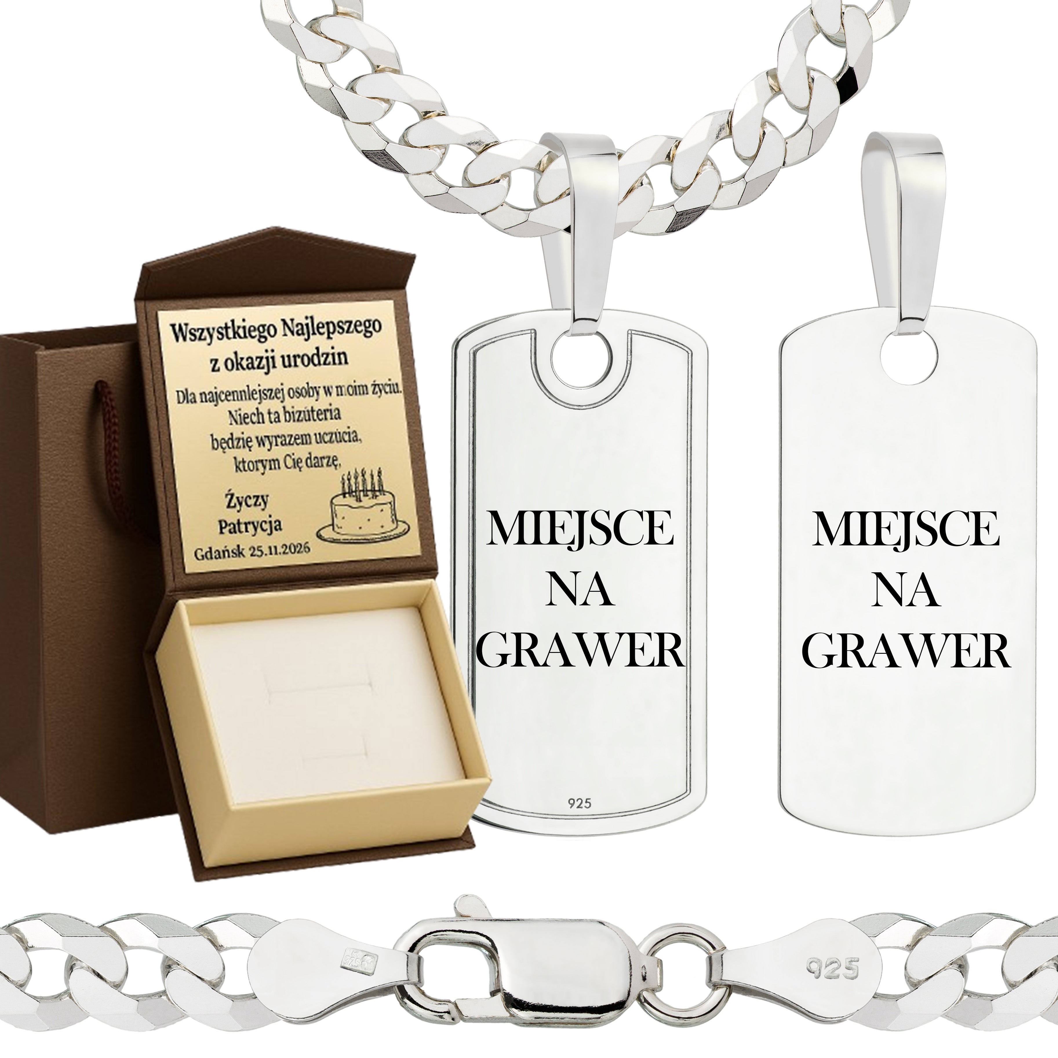 Łańcuszek srebrny z nieśmiertelnikiem pancerka 5mm pr. 925