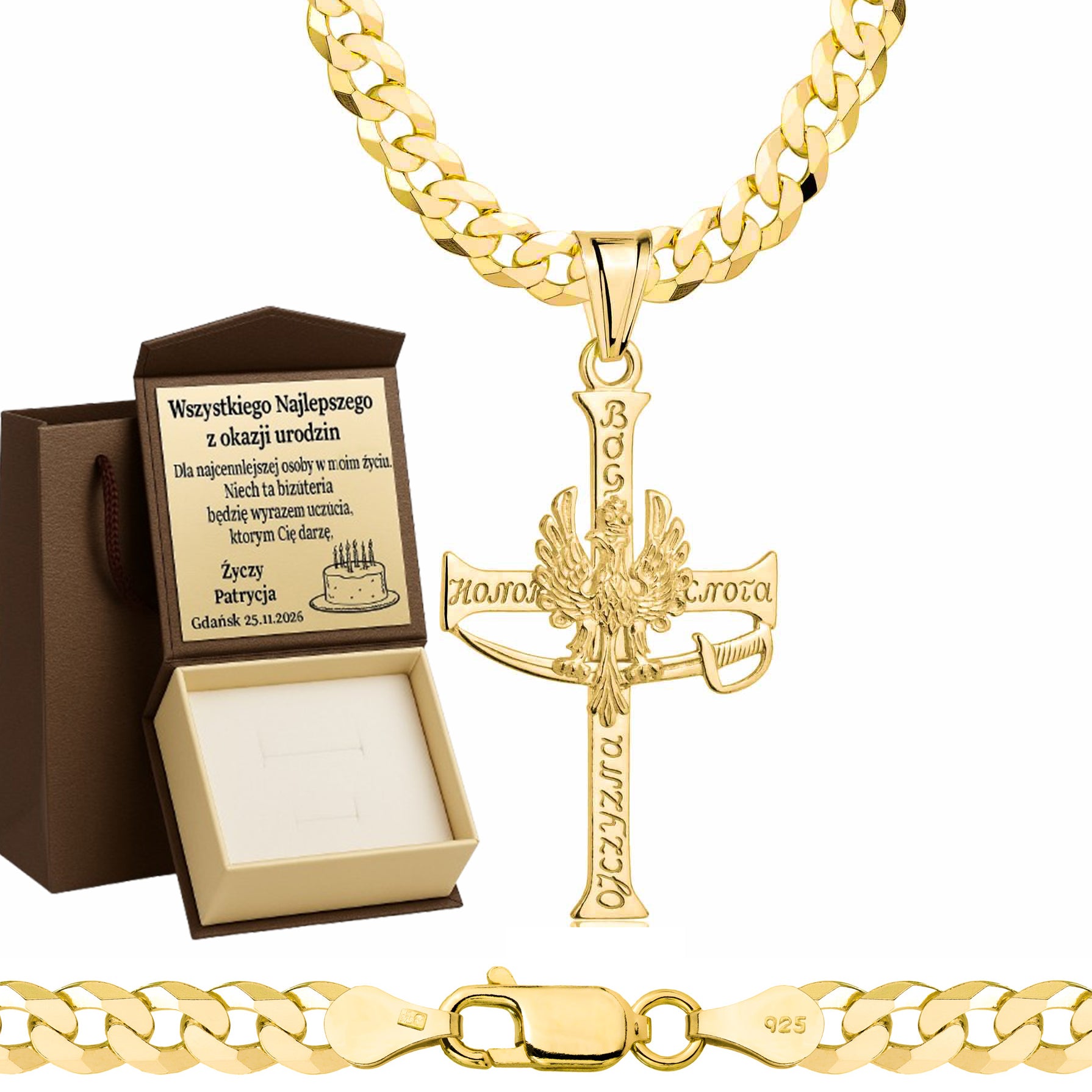 Łańcuszek pozłacany srebrny z krzyżykiem pancerka 5mm pr. 925