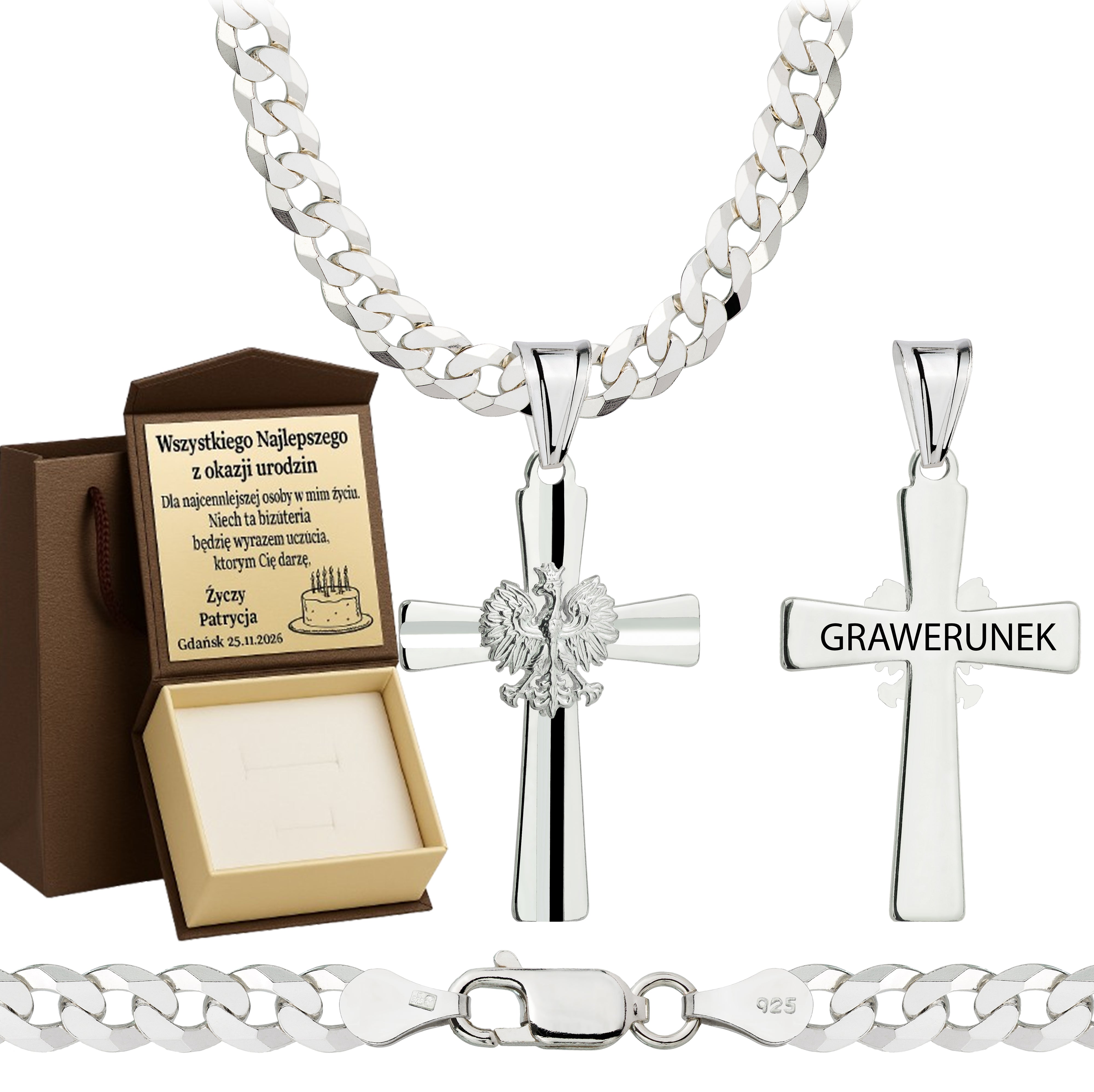 Łańcuszek srebrny z krzyżykiem pancerka 5mm pr. 925