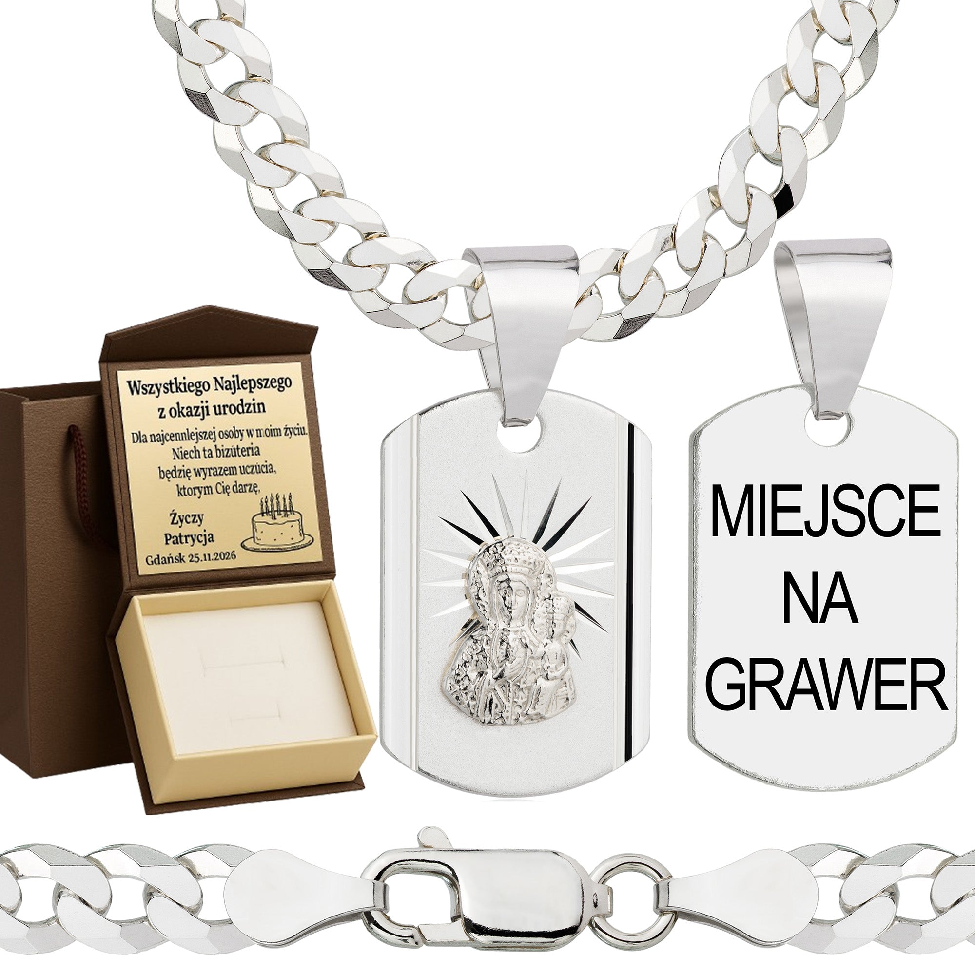 Łańcuszek srebrny z medalikiem pancerka 5mm pr. 925