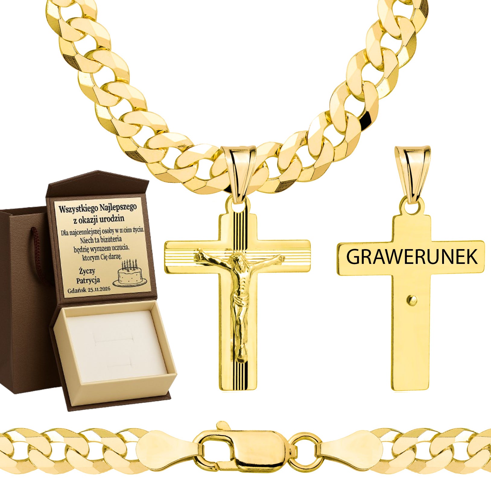 Łańcuszek pozłacany srebrny z krzyżykiem pancerka 6,5mm pr. 925