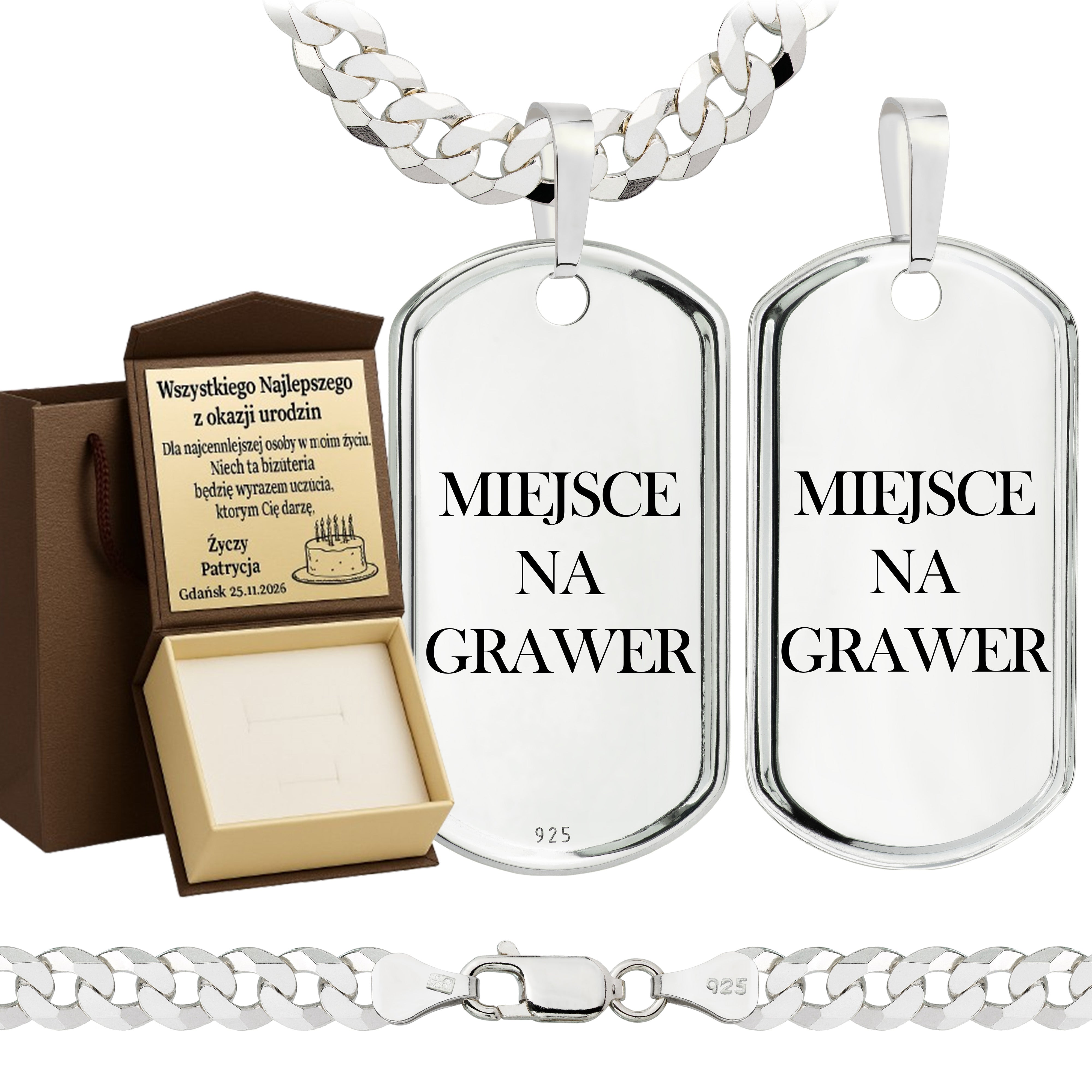 Łańcuszek srebrny z nieśmiertelnikiem pancerka 6,5mm pr. 925