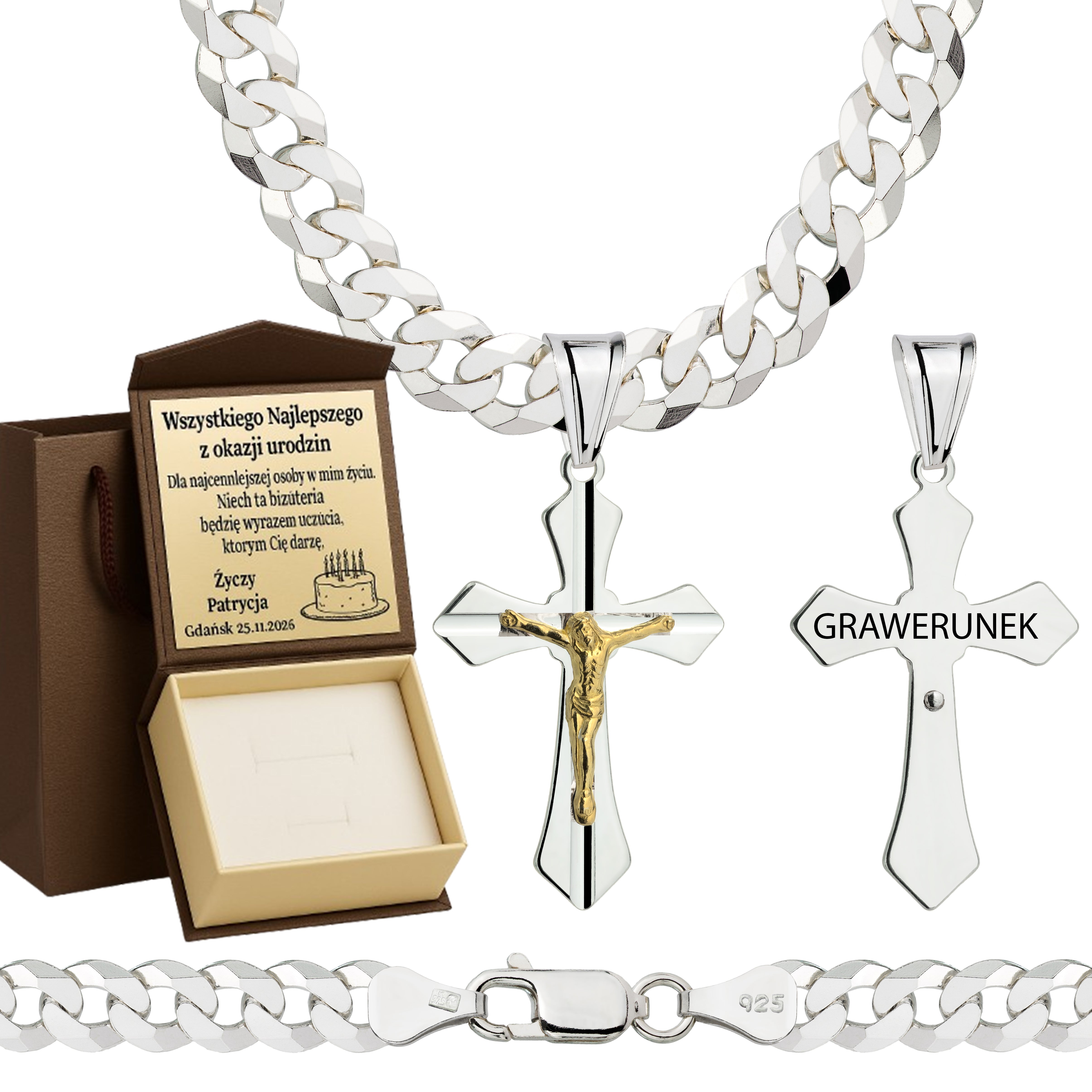 Łańcuszek srebrny z krzyżykiem pancerka 6,5mm pr. 925