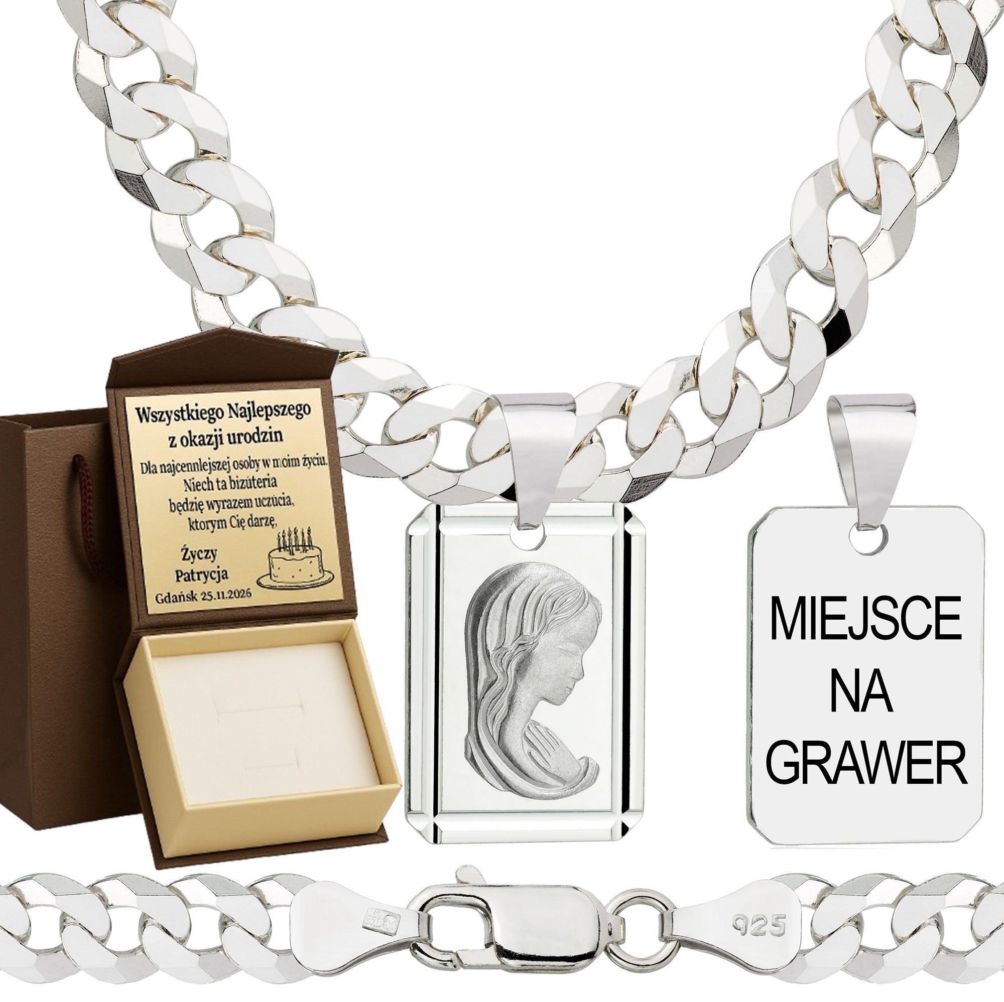 Łańcuszek srebrny z medalikiem pancerka 6,5mm pr. 925