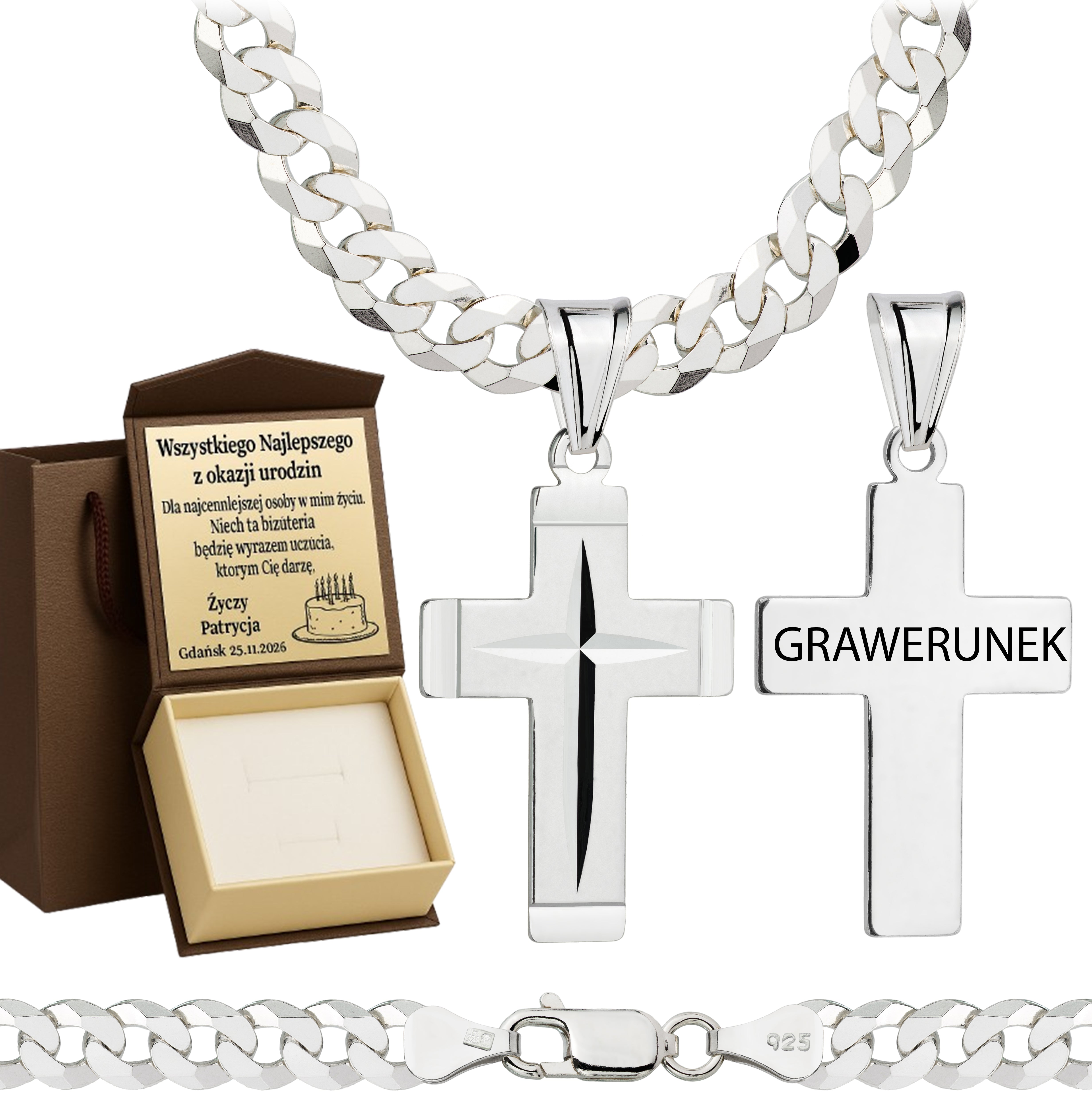 Łańcuszek srebrny z krzyżykiem pancerka 6,5mm pr. 925