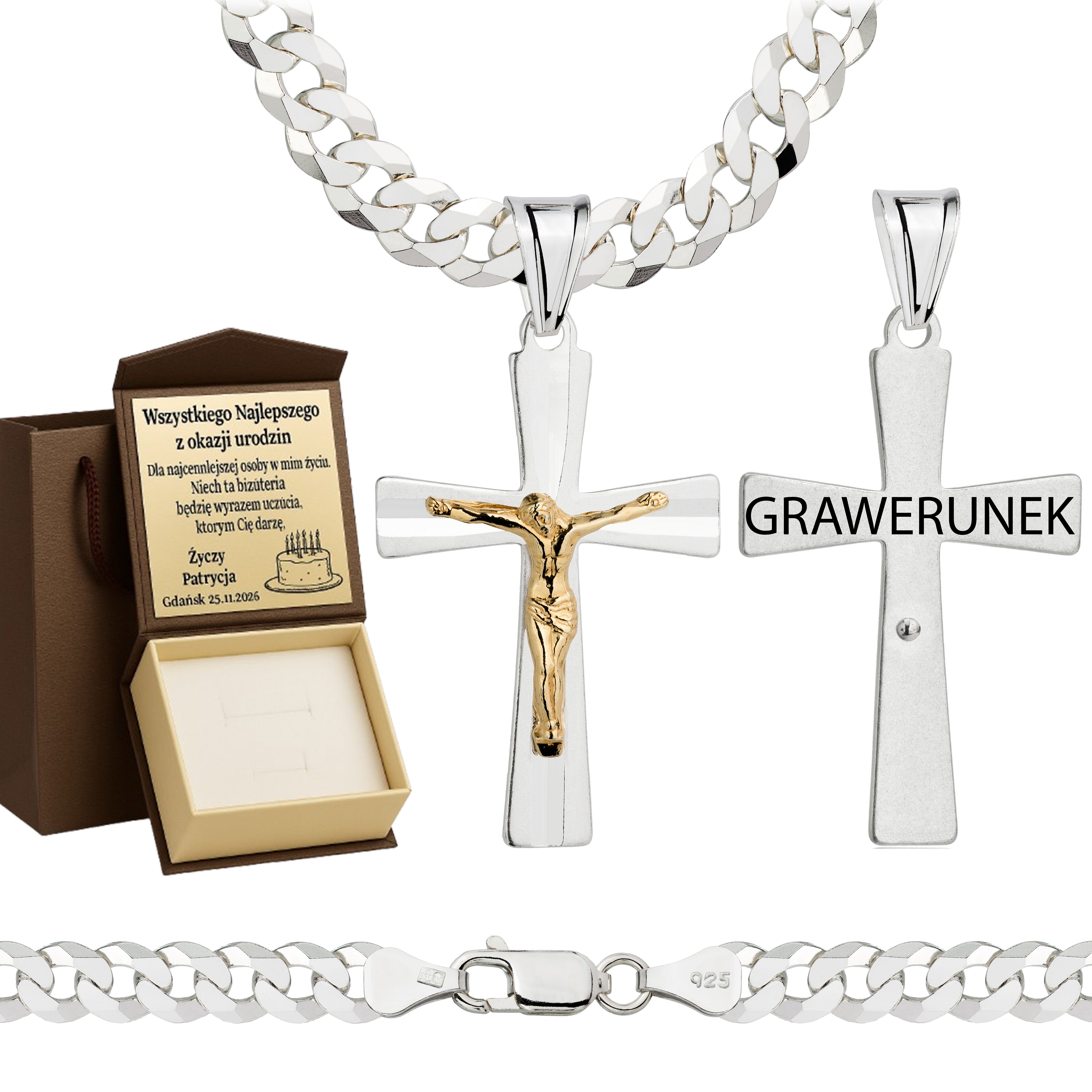 Łańcuszek srebrny z krzyżykiem pancerka 6,5mm pr. 925