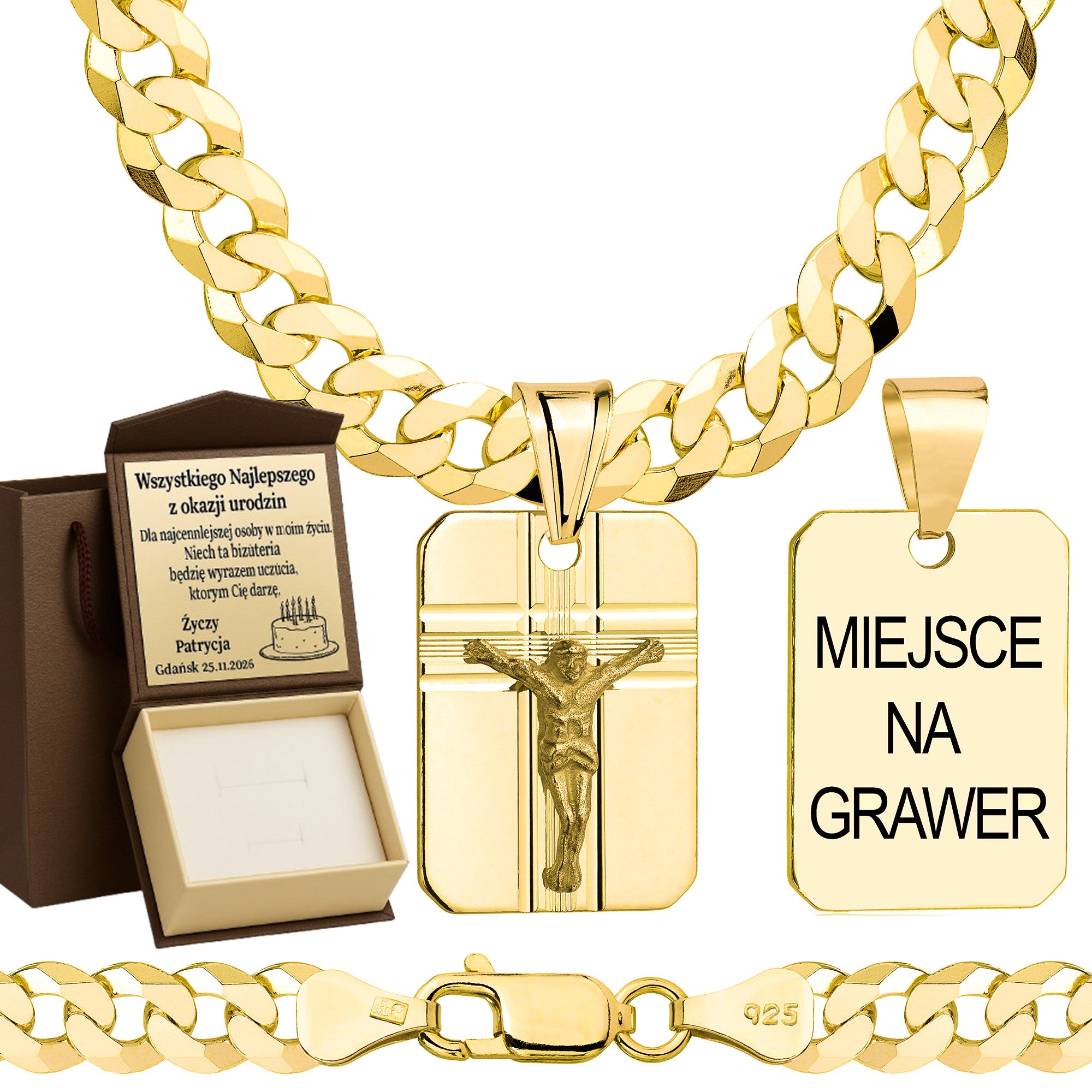 Łańcuszek pozłacany srebrny z medalikiem pancerka 6,5mm pr. 925