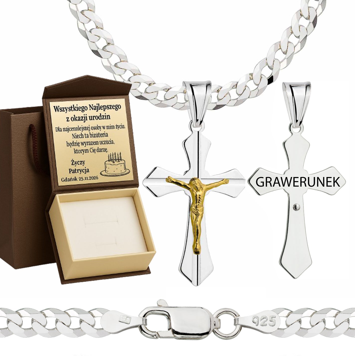 Łańcuszek srebrny z krzyżykiem pancerka 3,8mm pr. 925