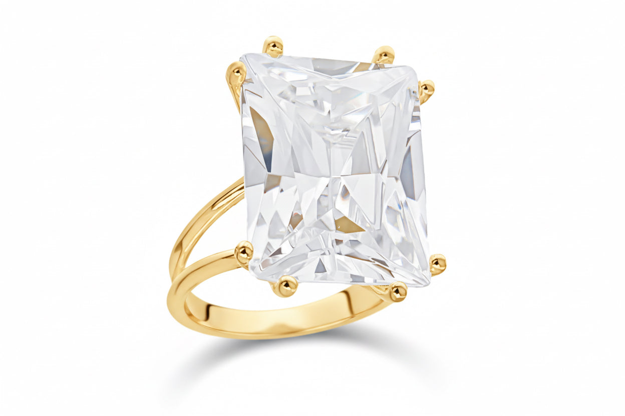 Pierścionek z cyrkonią 2 cm i podwójną obrączką srebro pozłacane