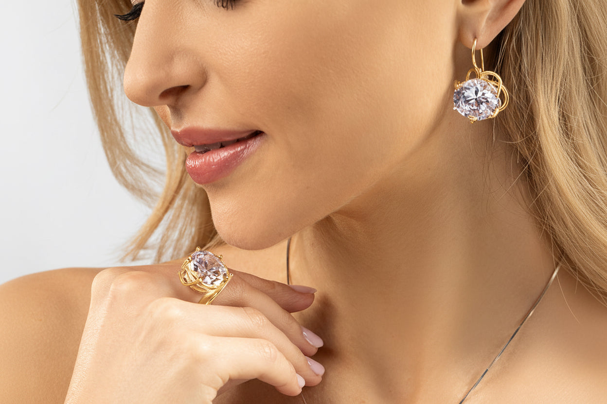 Pierścionek z dużą cyrkonią 18mm srebro pozłacane