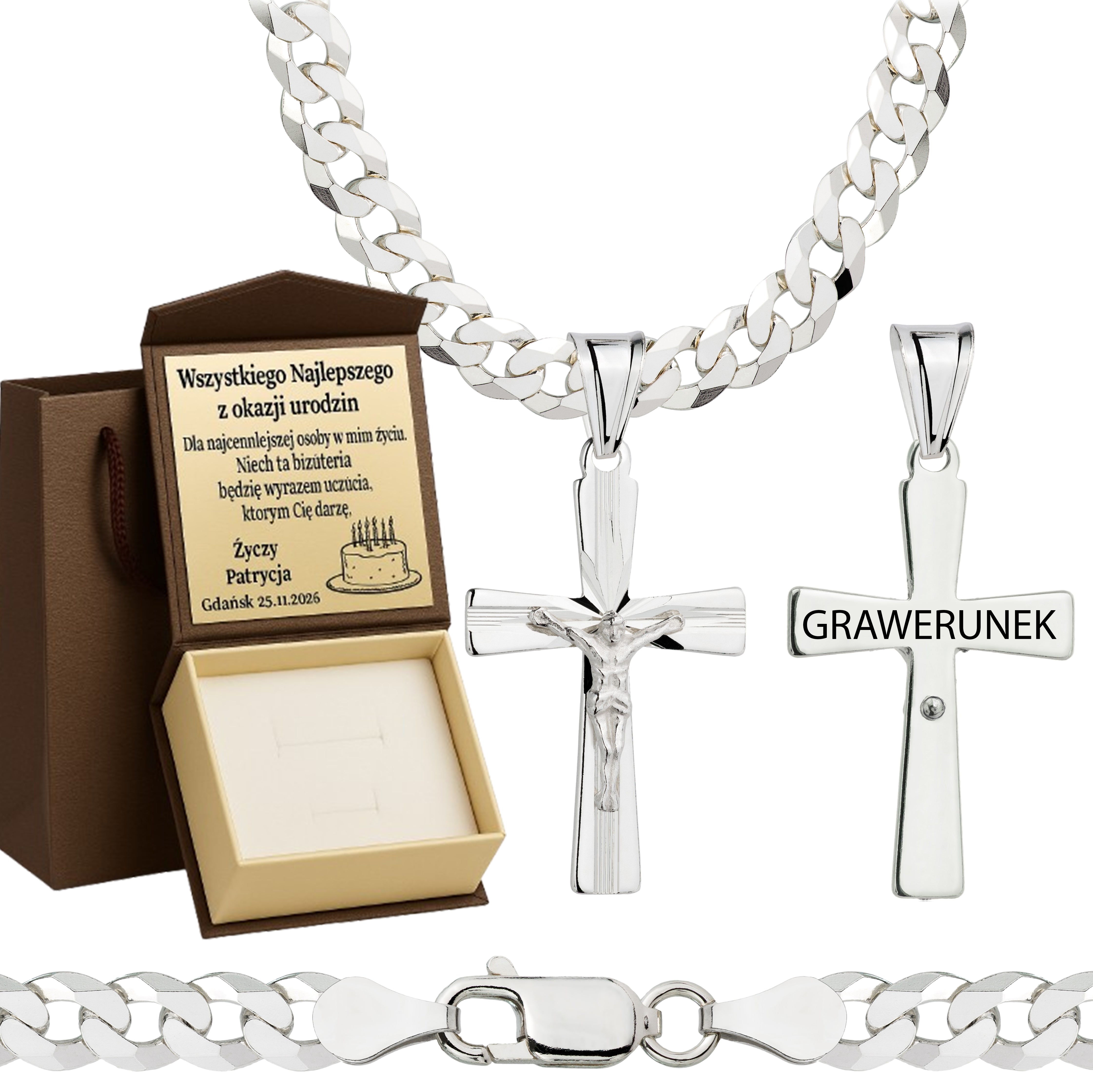 Łańcuszek srebrny z krzyżykiem pancerka 5mm pr. 925