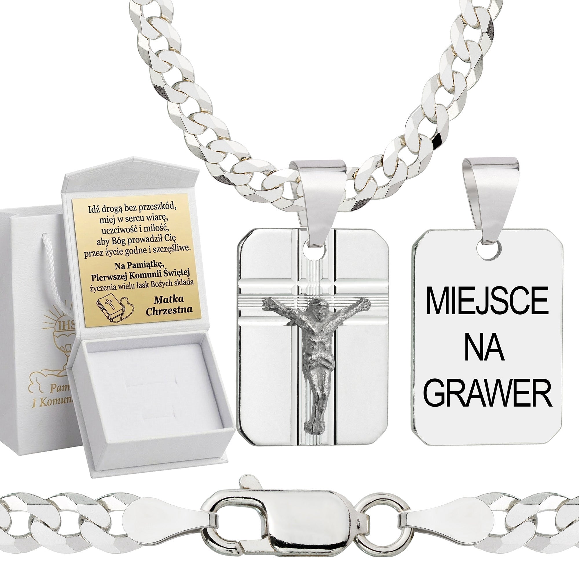 Łańcuszek komunijny srebrny z medalikiem pancerka 3,8mm z grawerowanym pudełeczkiem i zawieszką pr. 925