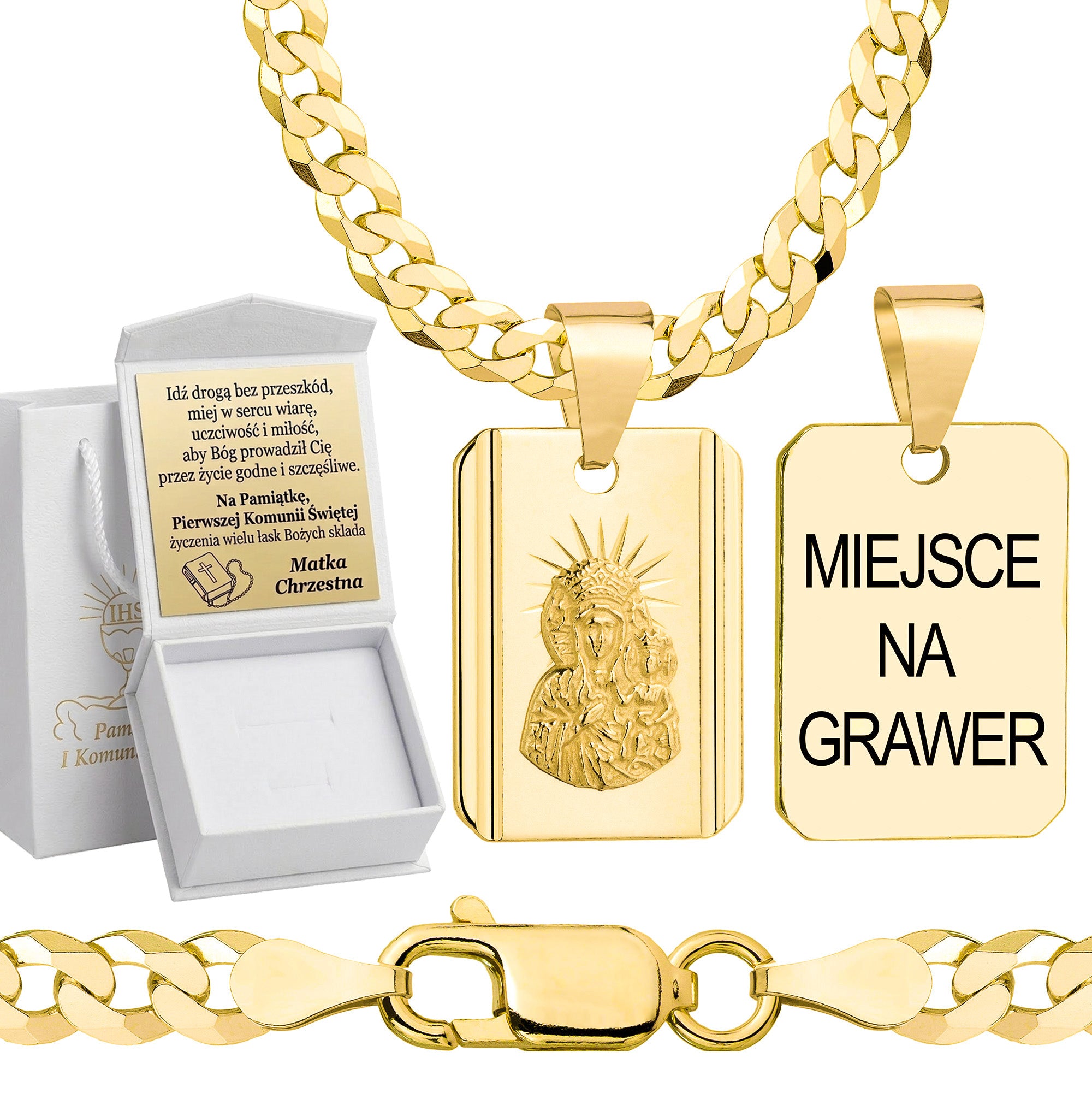 Łańcuszek komunijny pozłacany srebrny pancerka z medalikiem 3,8mm z grawerowanym pudełeczkiem i zawieszką pr. 925