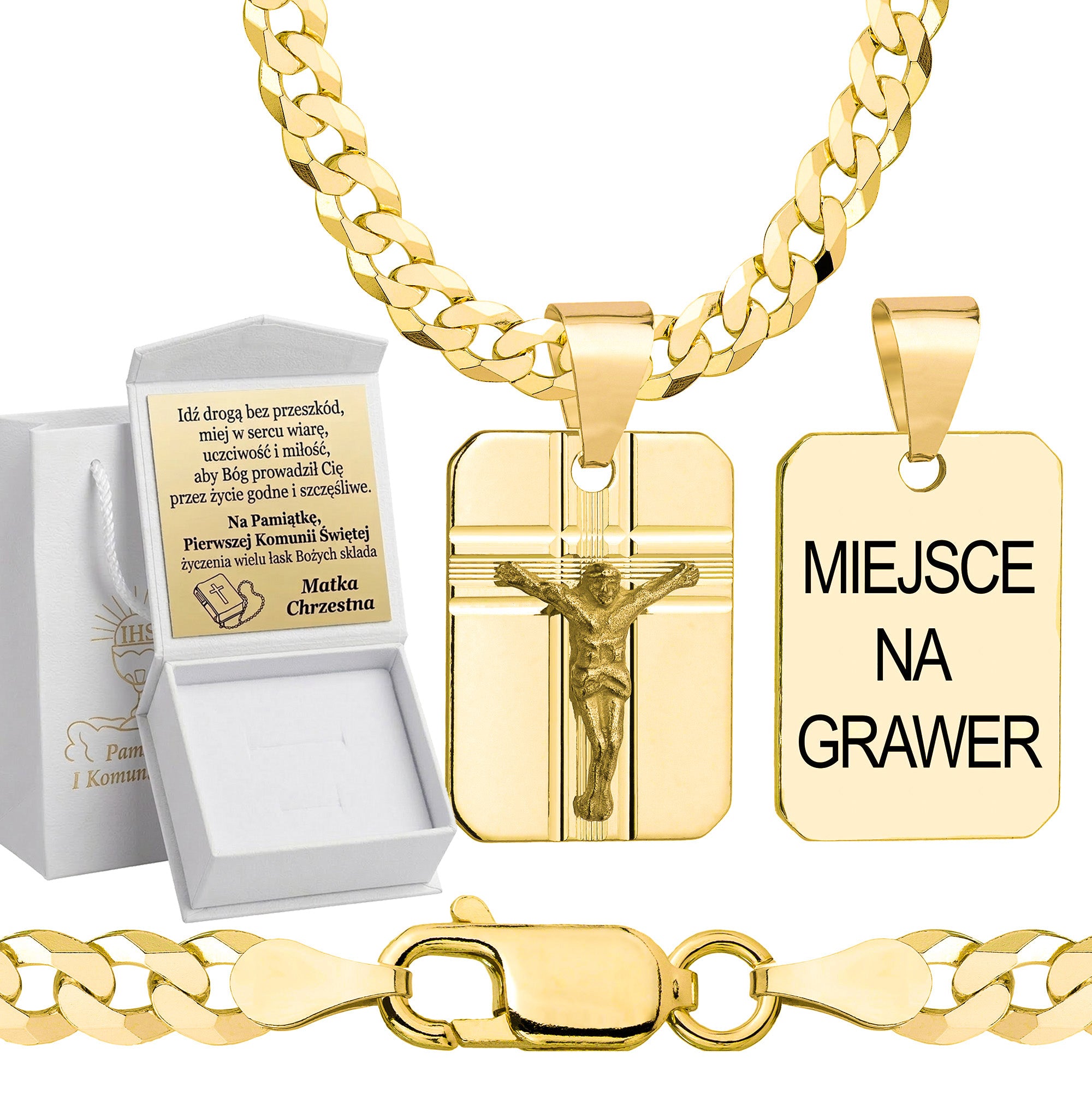 Łańcuszek komunijny pozłacany srebrny pancerka z medalikiem 3,8mm z grawerowanym pudełeczkiem i zawieszką pr. 925