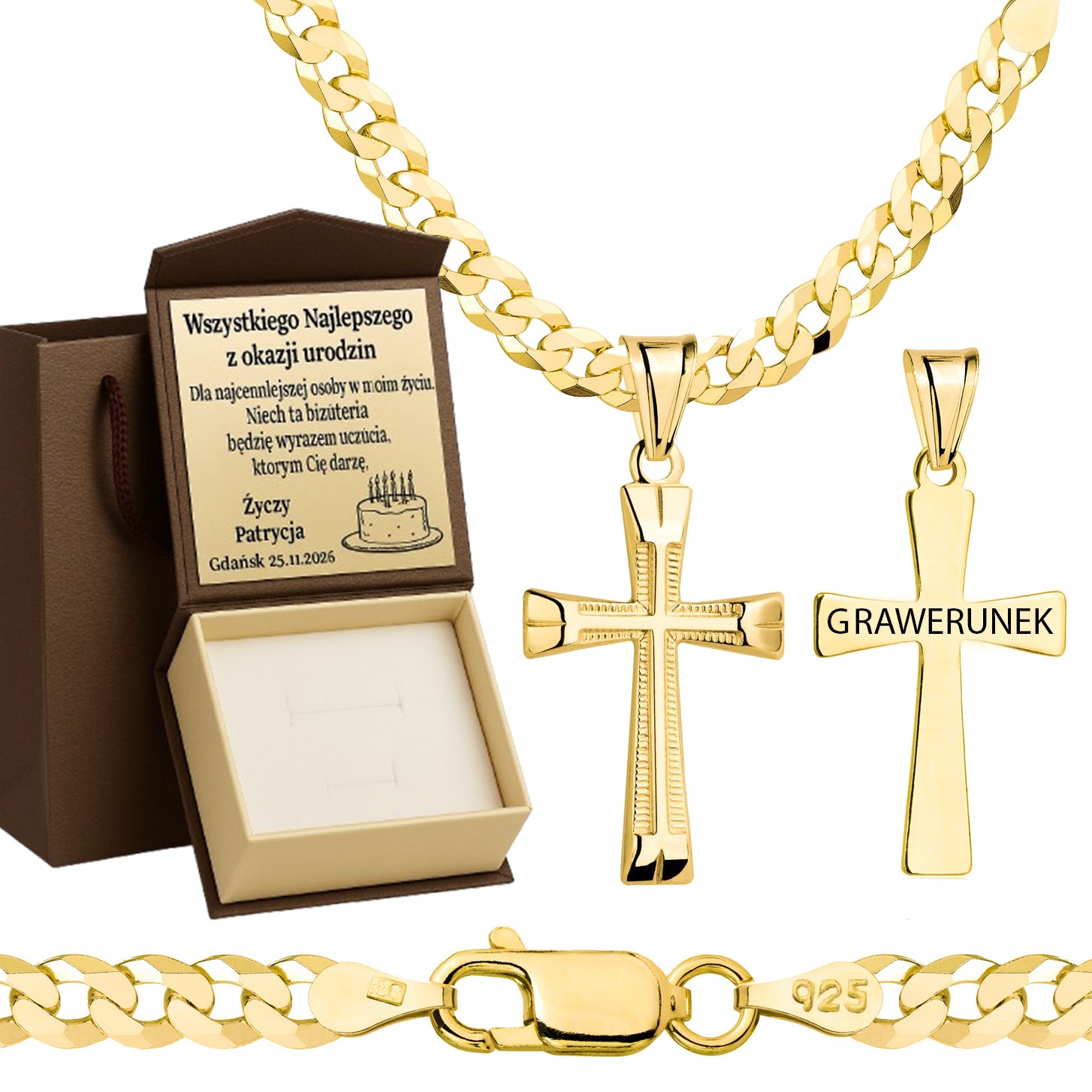 Łańcuszek pozłacany srebrny z krzyżykiem pancerka 3,8mm pr. 925