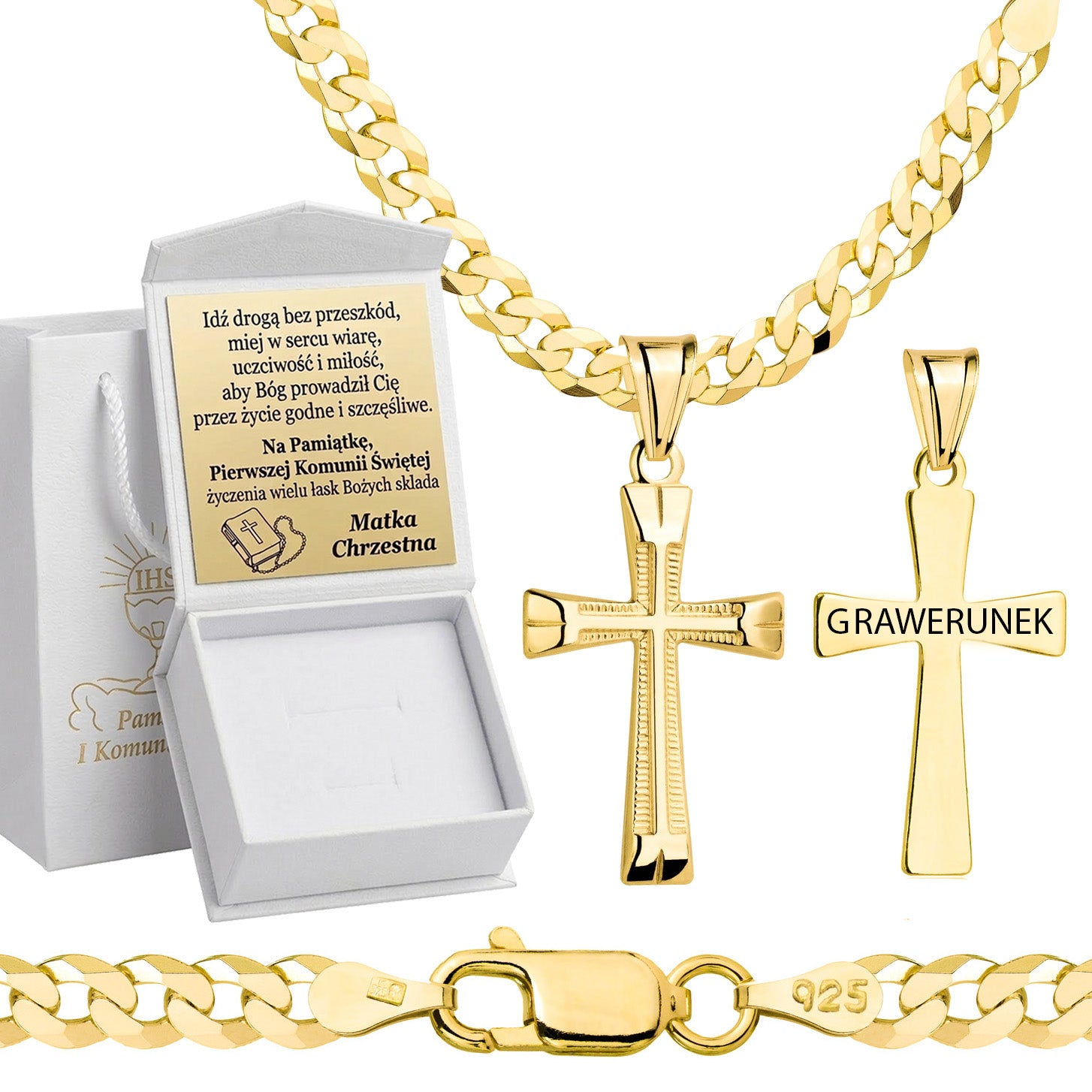Łańcuszek komunijny pozłacany srebrny pancerka z krzyżykiem 3,8mm z grawerowanym pudełeczkiem i zawieszką pr. 925