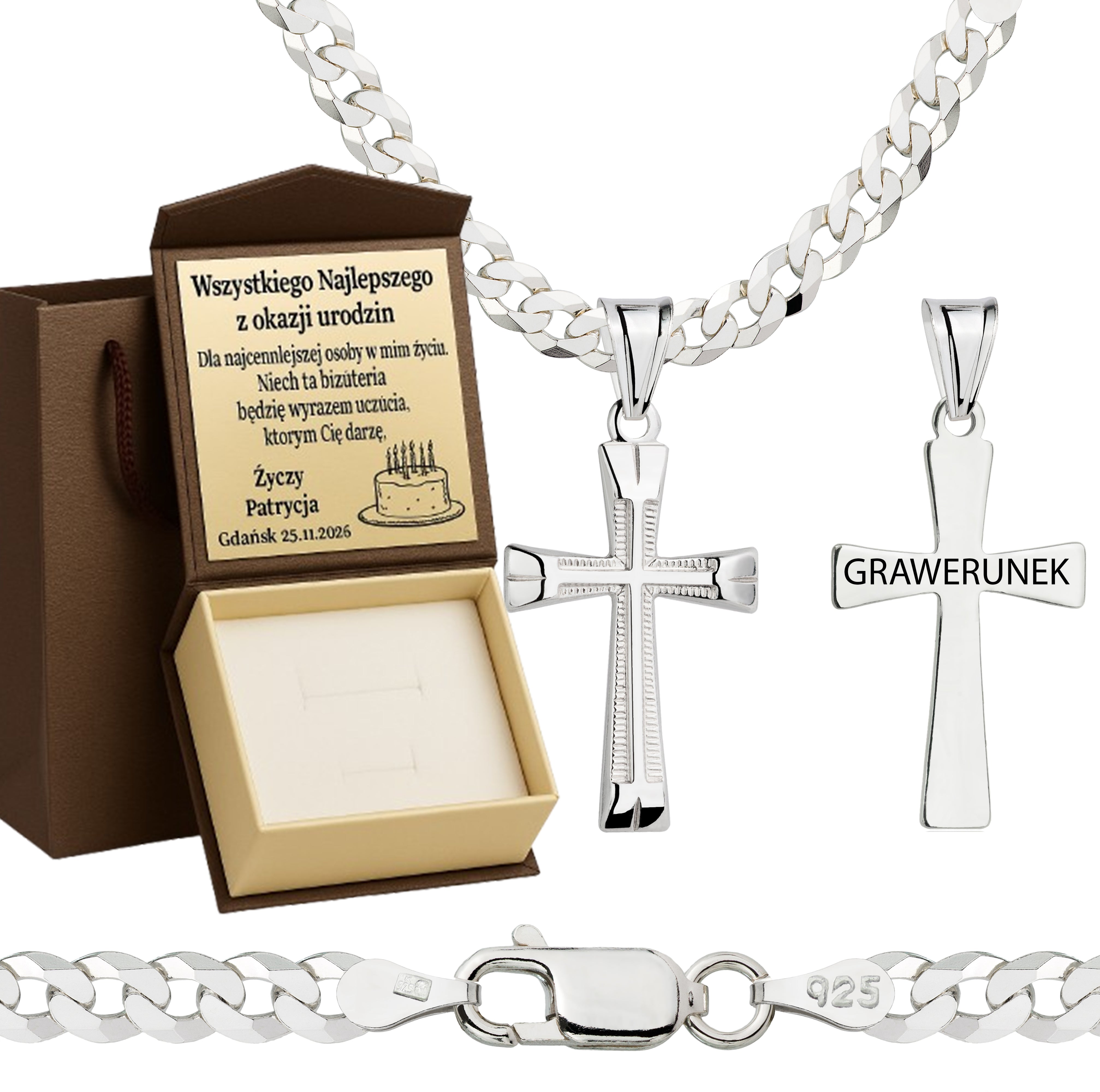 Łańcuszek srebrny z krzyżykiem pancerka 3,8mm pr. 925