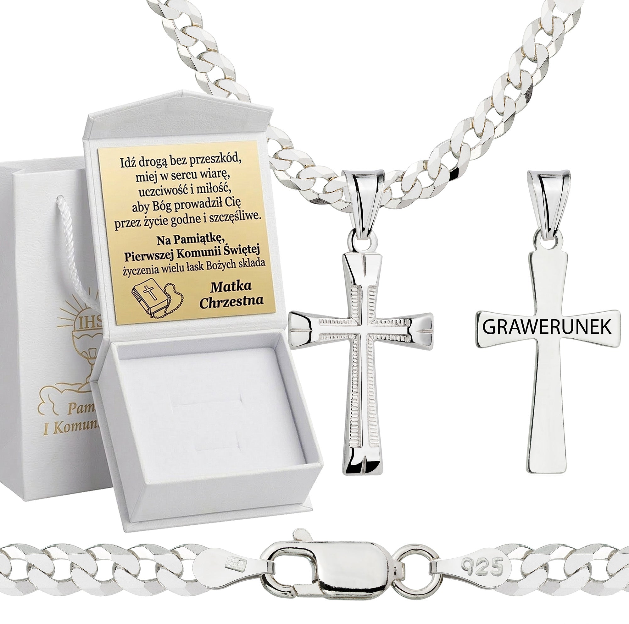 Łańcuszek komunijny srebrny z krzyżykiem pancerka 3,8mm z grawerowanym pudełeczkiem i zawieszką pr. 925