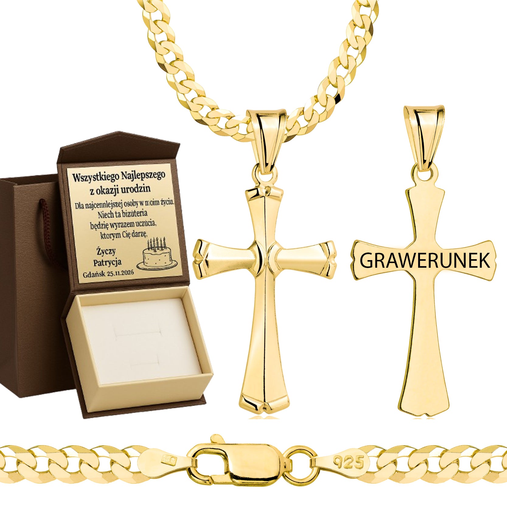 Łańcuszek pozłacany srebrny z krzyżykiem pancerka 3,8mm pr. 925