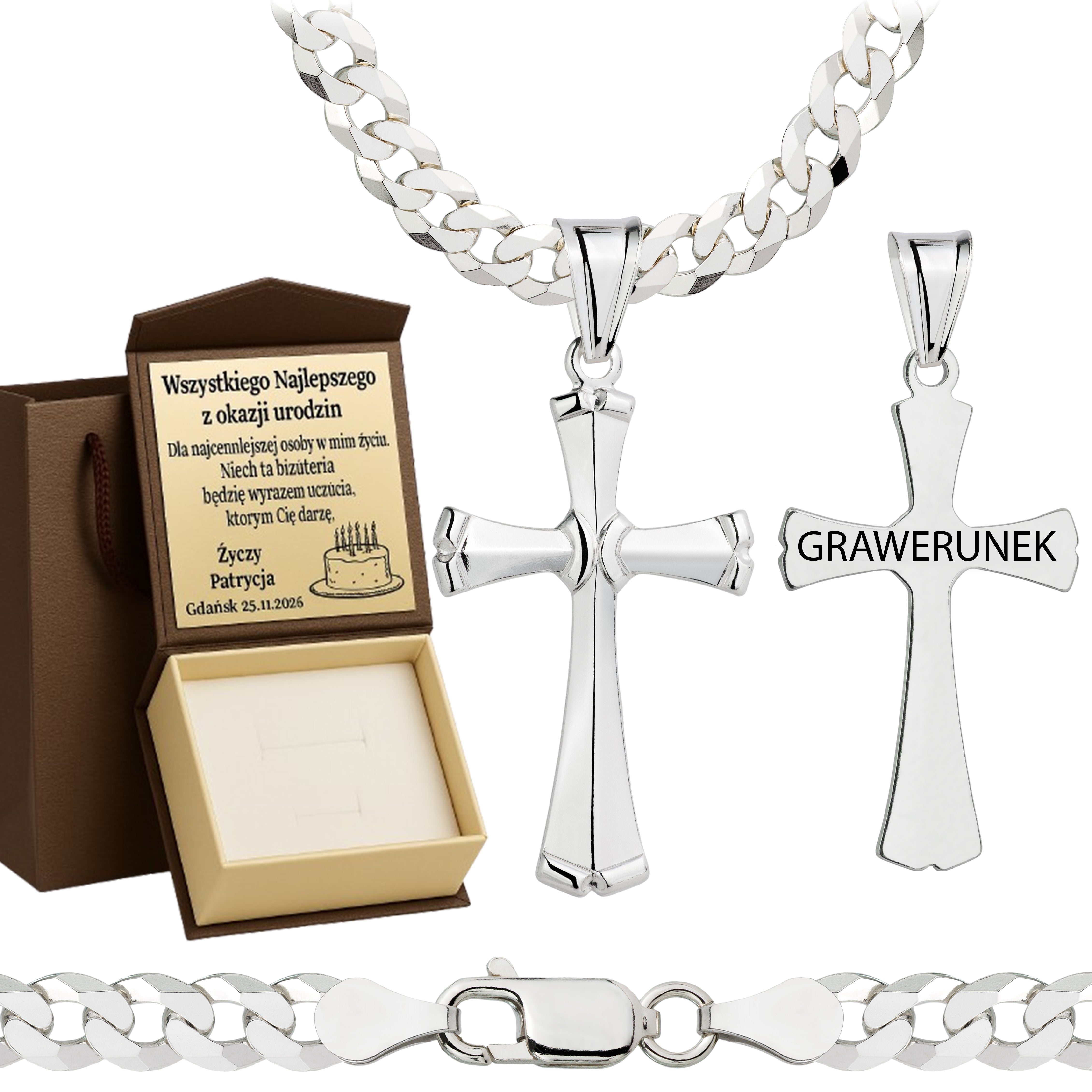 Łańcuszek srebrny z krzyżykiem pancerka 5mm pr. 925