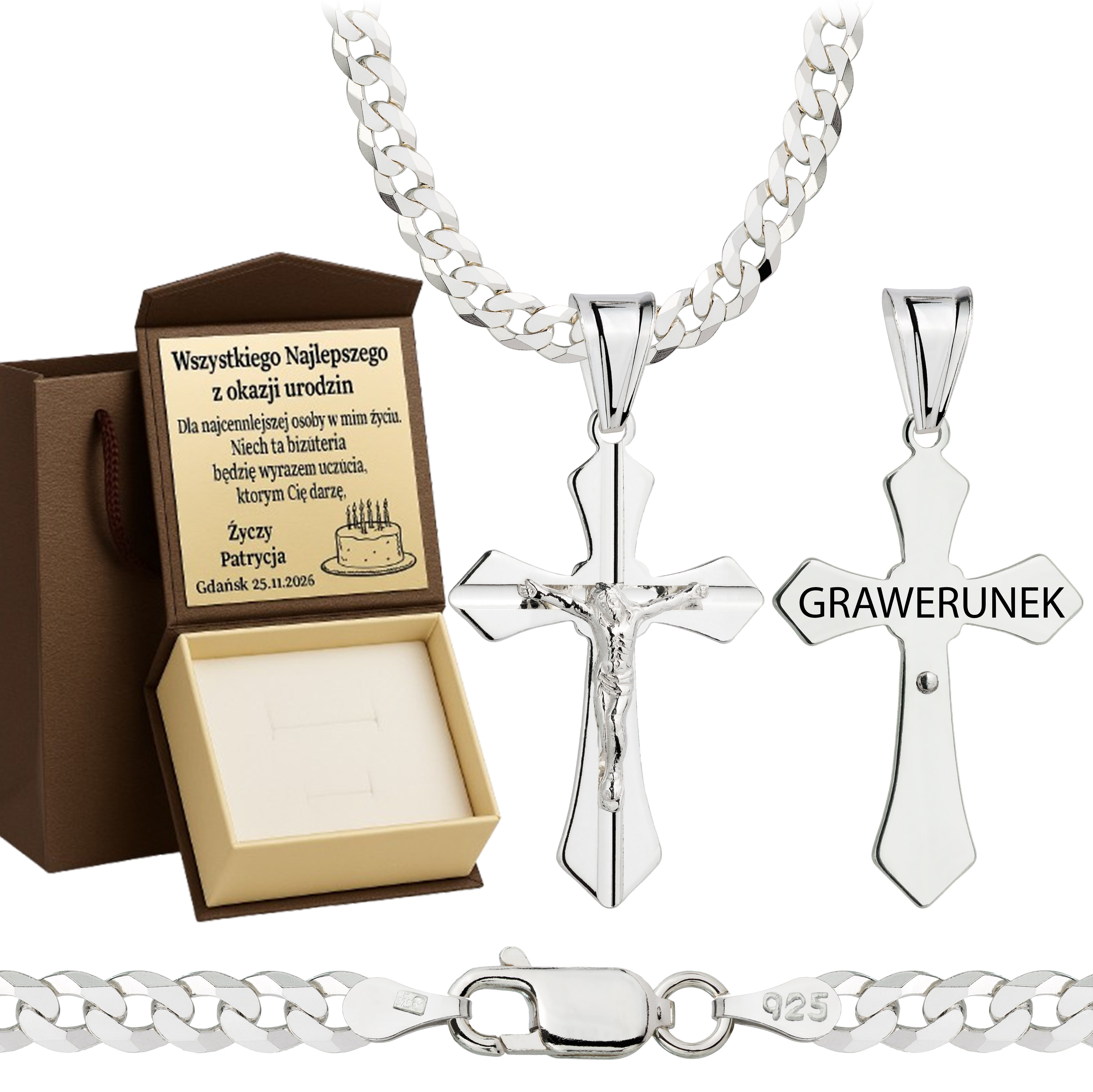 Łańcuszek srebrny z krzyżykiem pancerka 3,8mm pr. 925