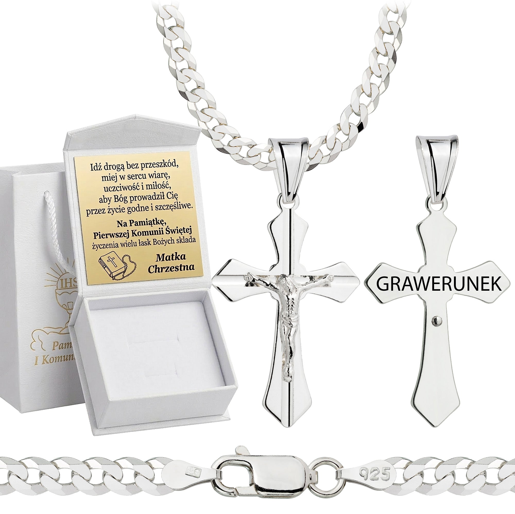 Łańcuszek komunijny srebrny z krzyżykiem pancerka 3,8mm z grawerowanym pudełeczkiem i zawieszką pr. 925