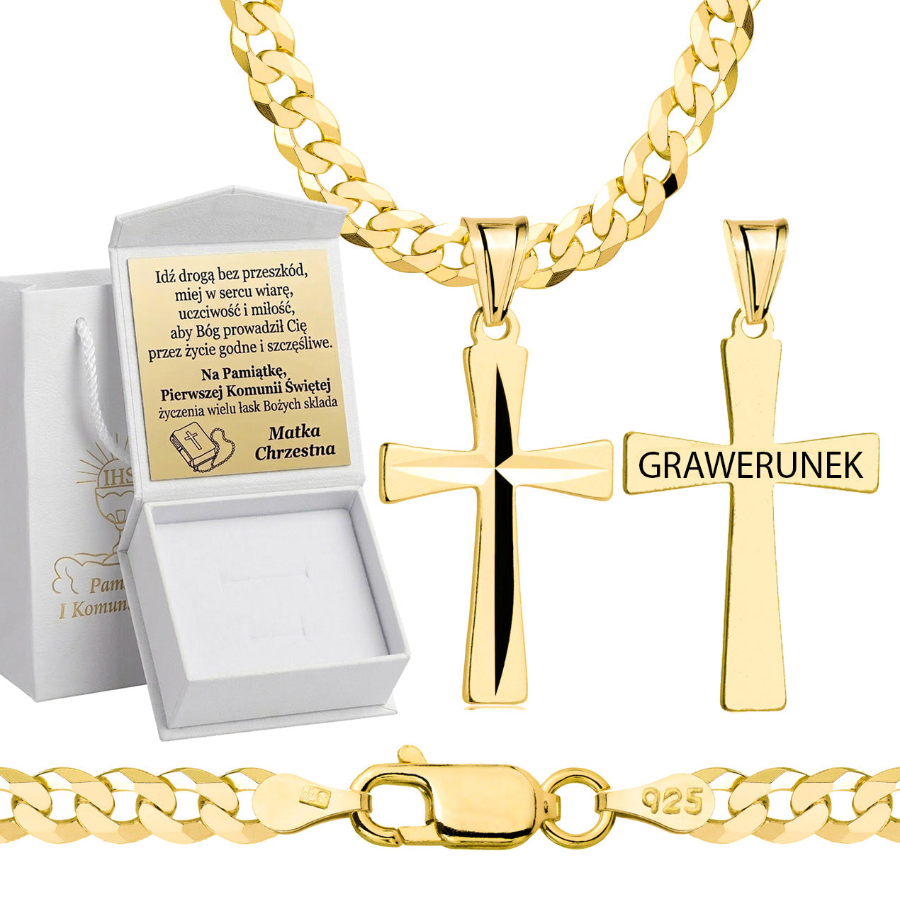 Łańcuszek komunijny pozłacany srebrny pancerka z krzyżykiem 3,8mm z grawerowanym pudełeczkiem i zawieszką pr. 925