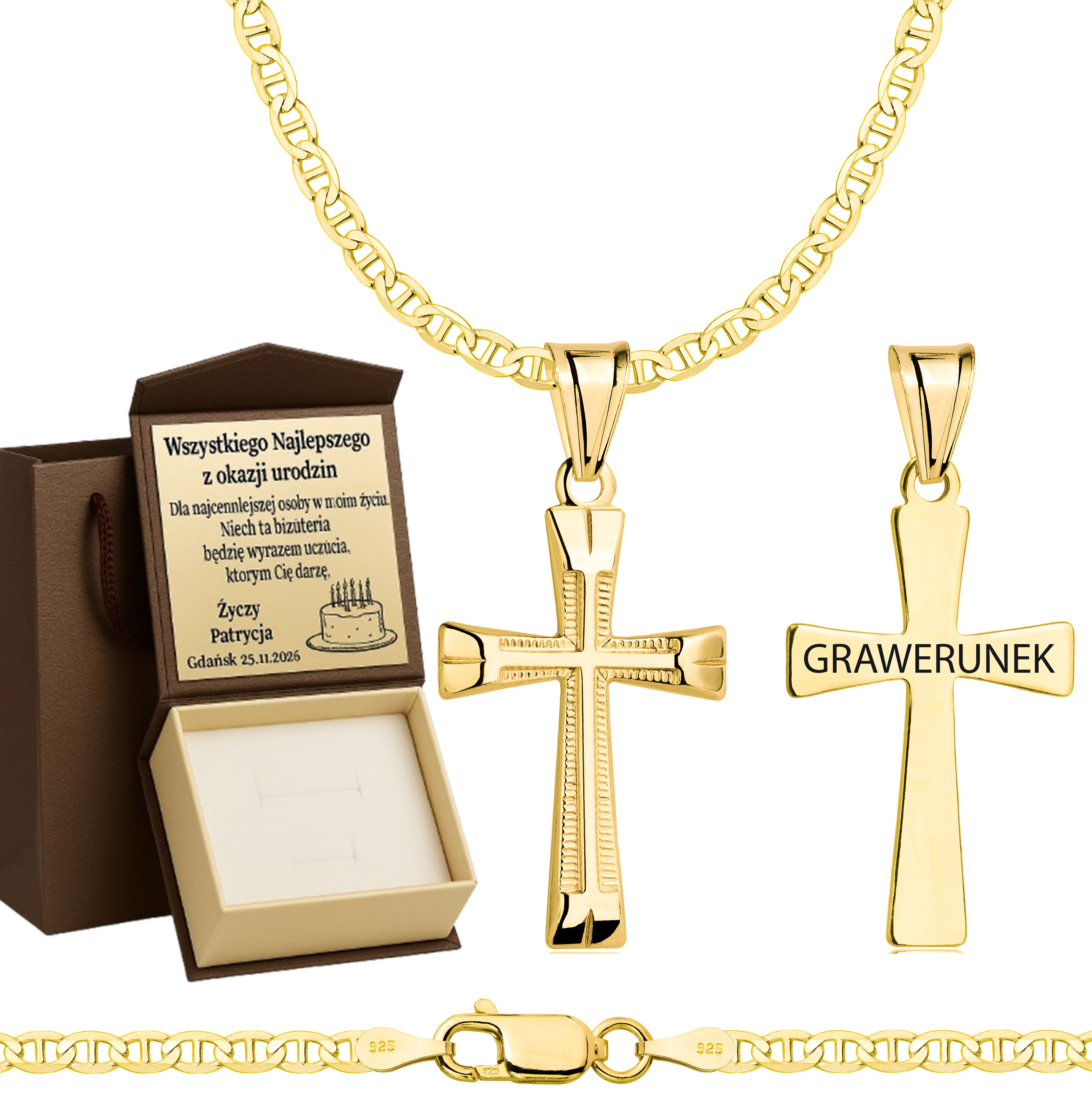 Łańcuszek pozłacany srebrny z krzyżykiem gucci 2,6mm pr. 925