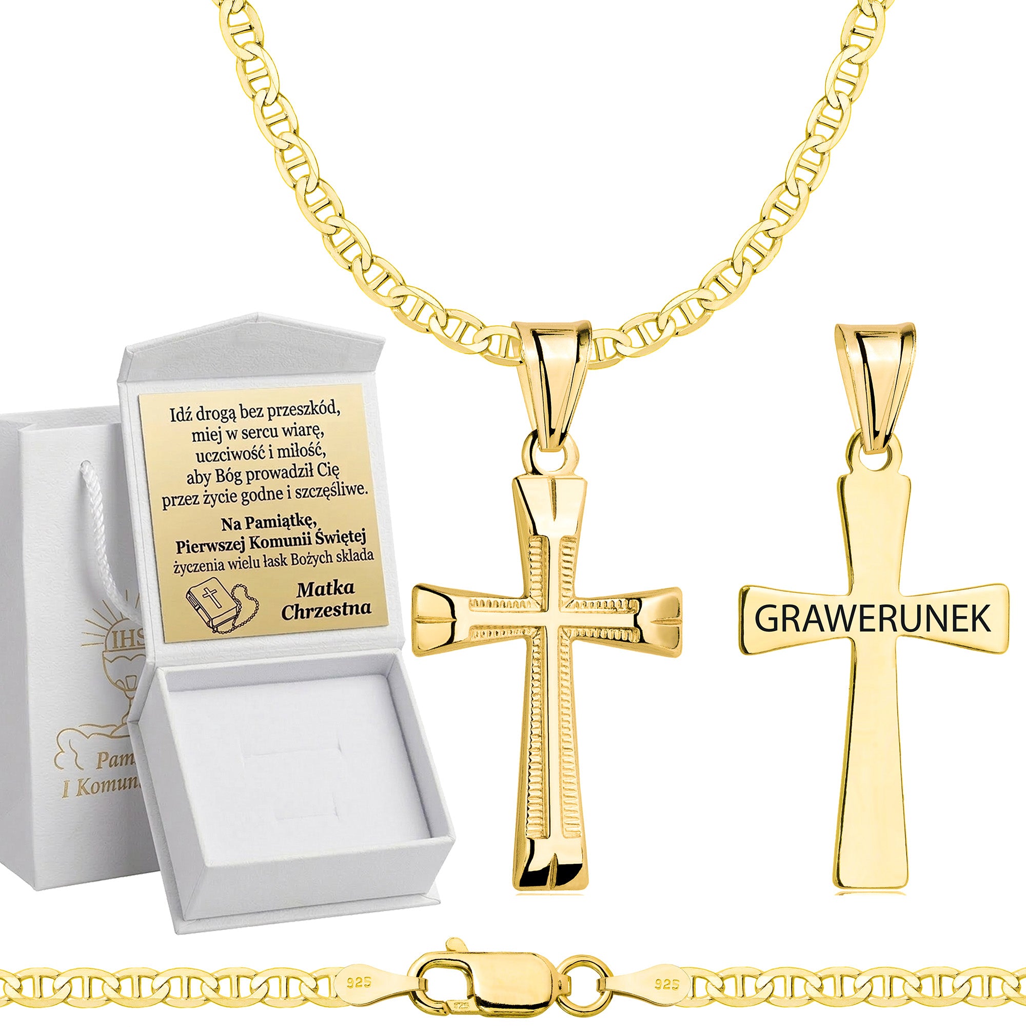 Łańcuszek komunijny pozłacany srebrny gucci z krzyżykiem 2,6mm z grawerowanym pudełeczkiem i zawieszką pr. 925