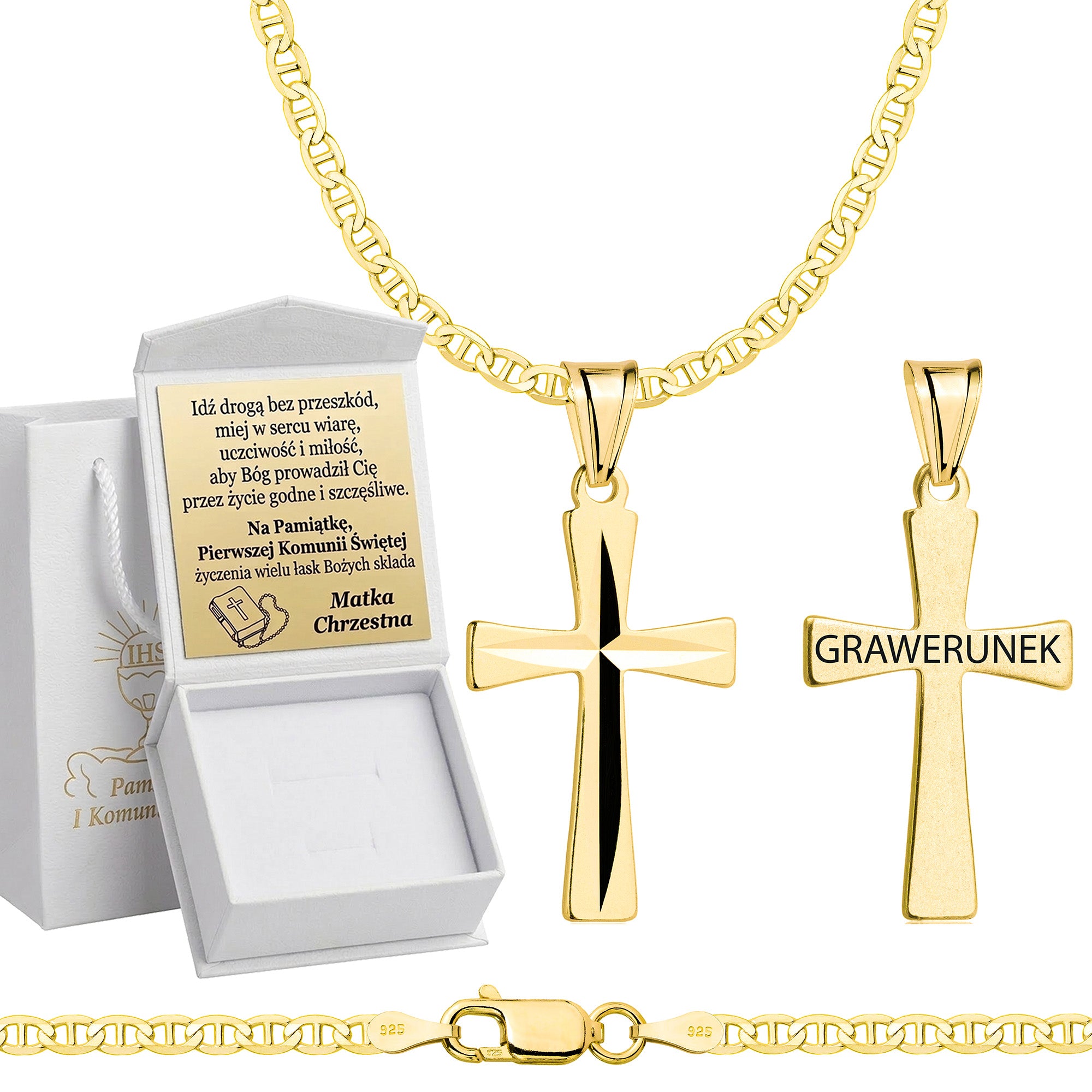 Łańcuszek komunijny pozłacany srebrny gucci z krzyżykiem 2,6mm z grawerowanym pudełeczkiem i zawieszką pr. 925