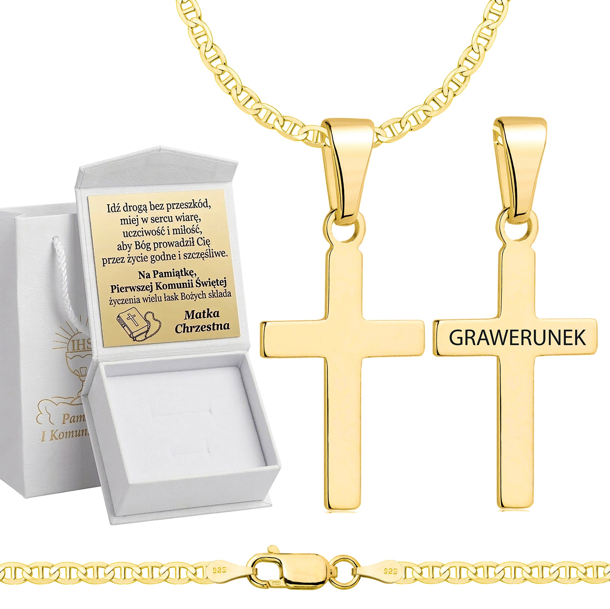 Łańcuszek komunijny pozłacany srebrny gucci z krzyżykiem 2,6mm z grawerowanym pudełeczkiem i zawieszką pr. 925