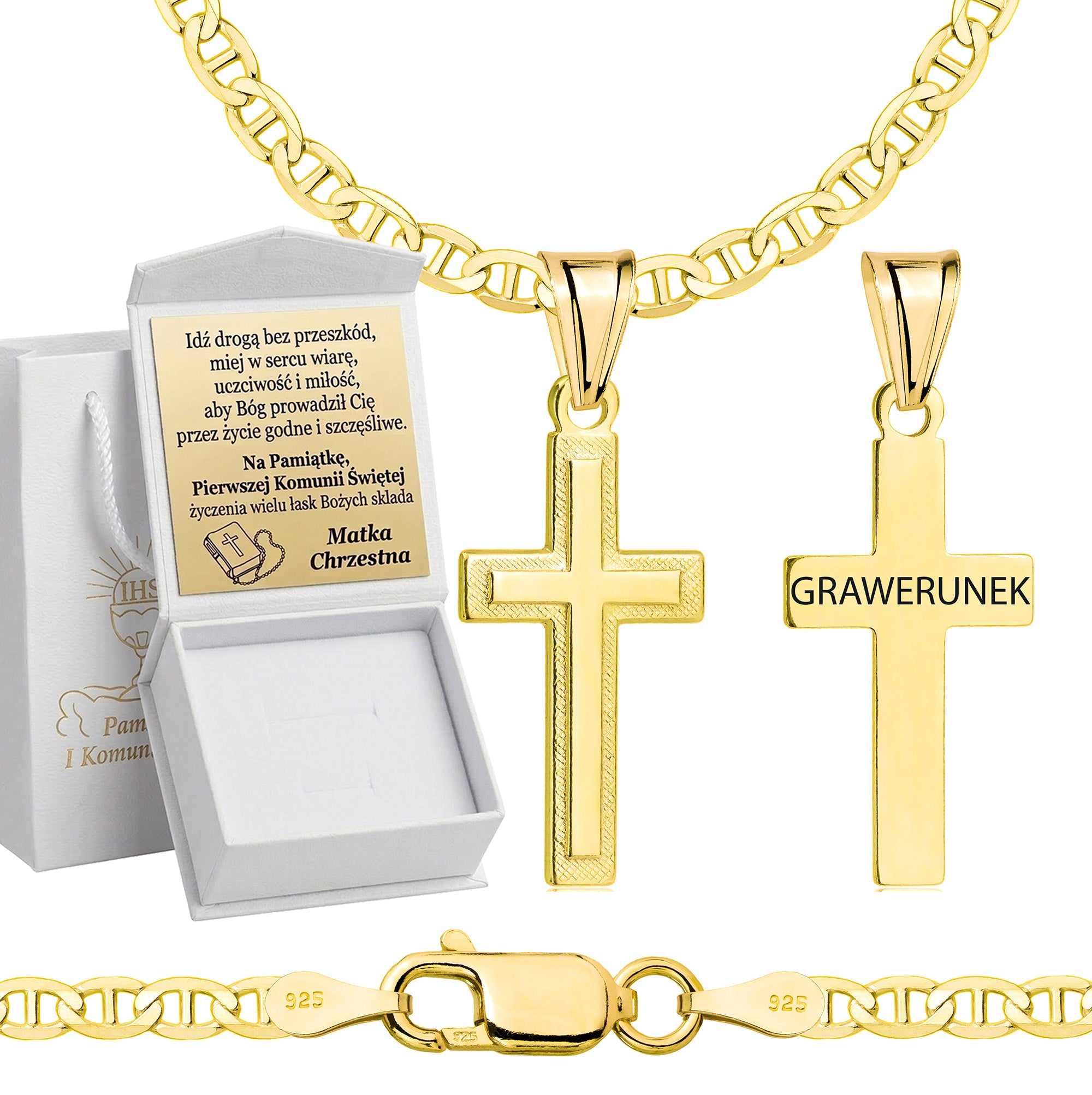 Łańcuszek komunijny pozłacany srebrny gucci z krzyżykiem 2,6mm z grawerowanym pudełeczkiem i zawieszką pr. 925