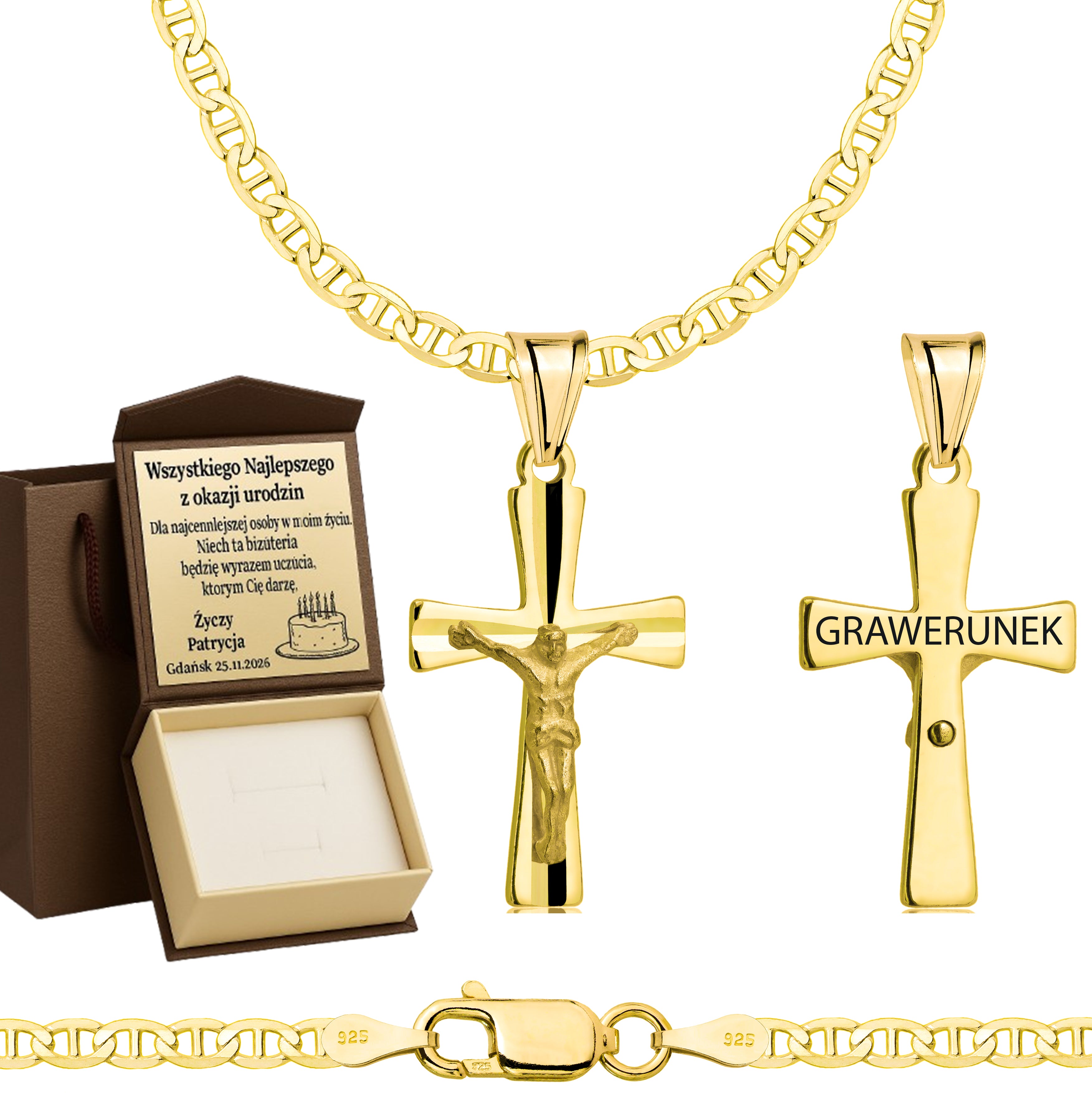 Łańcuszek pozłacany srebrny z krzyżykiem gucci 2,6mm pr. 925