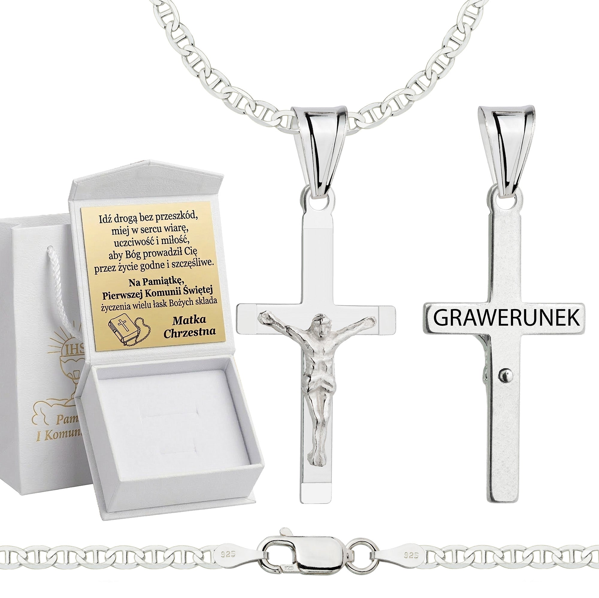 Łańcuszek komunijny srebrny z krzyżykiem gucci 2,6mm z grawerowanym pudełeczkiem i zawieszką pr. 925