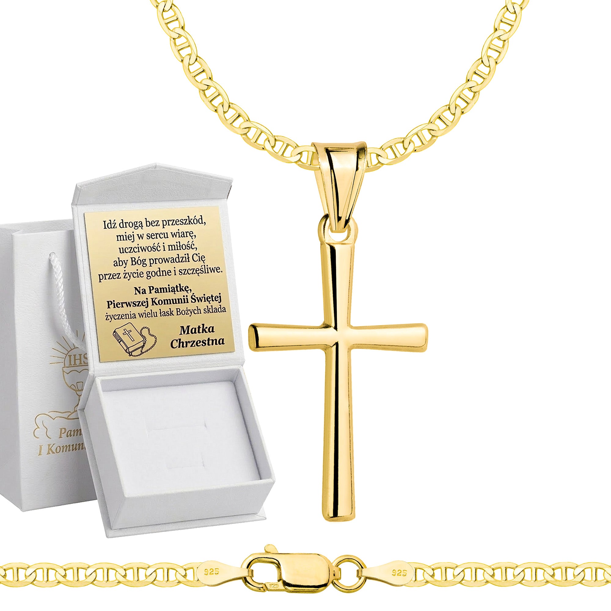 Łańcuszek komunijny pozłacany srebrny gucci z krzyżykiem 2,6mm z grawerowanym pudełeczkiem pr. 925