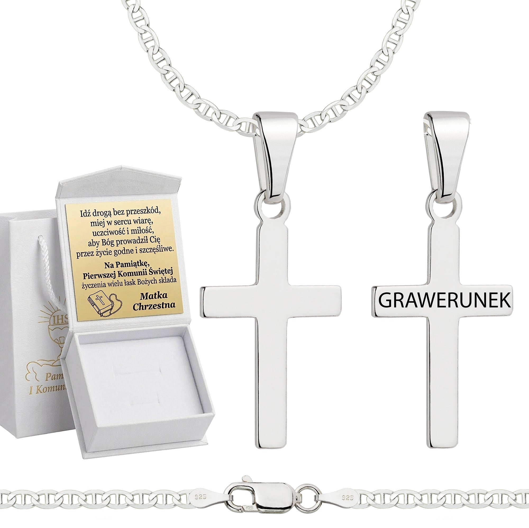 Łańcuszek komunijny srebrny z krzyżykiem gucci 2,6mm z grawerowanym pudełeczkiem i zawieszką pr. 925