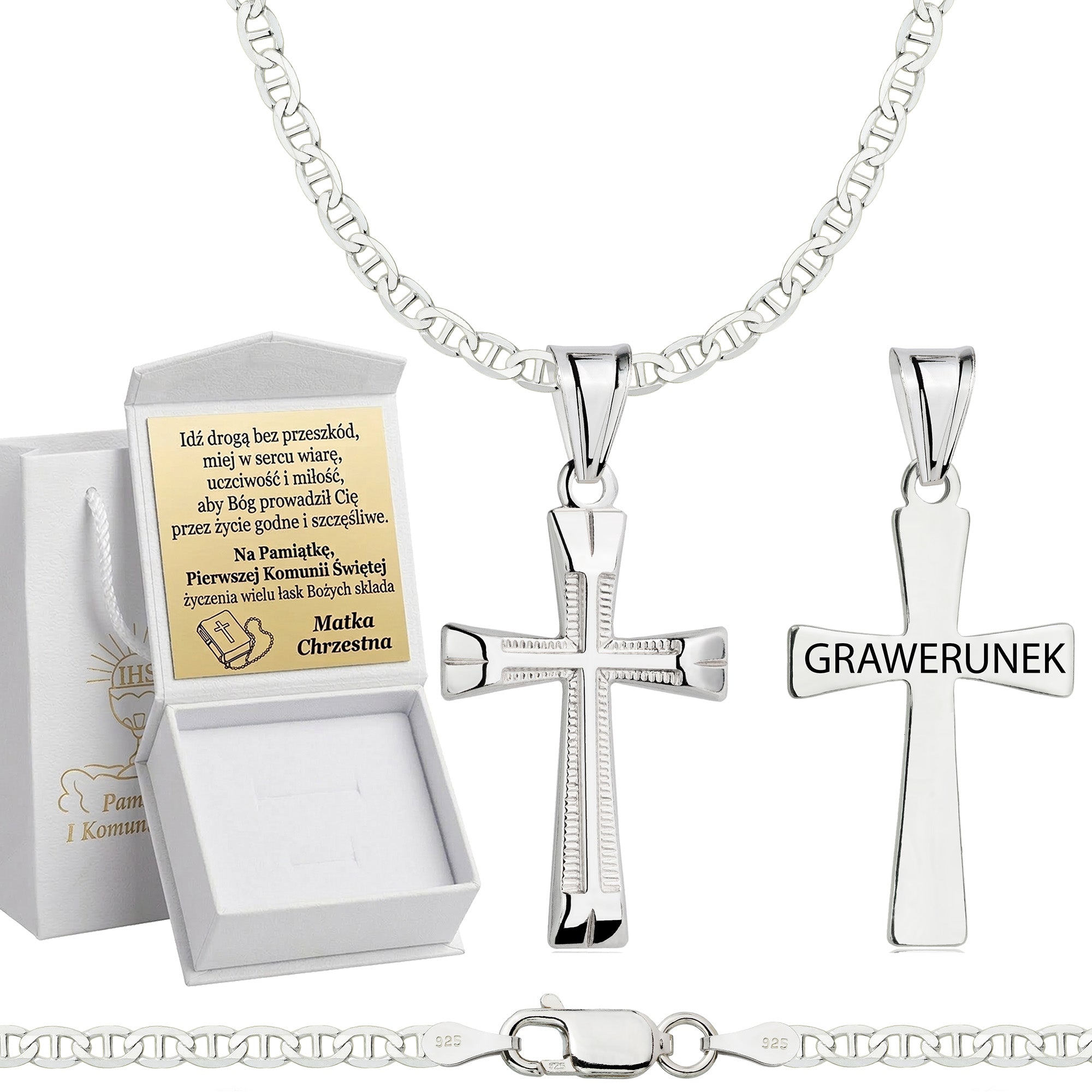 Łańcuszek komunijny srebrny z krzyżykiem gucci 2,6mm z grawerowanym pudełeczkiem i zawieszką pr. 925
