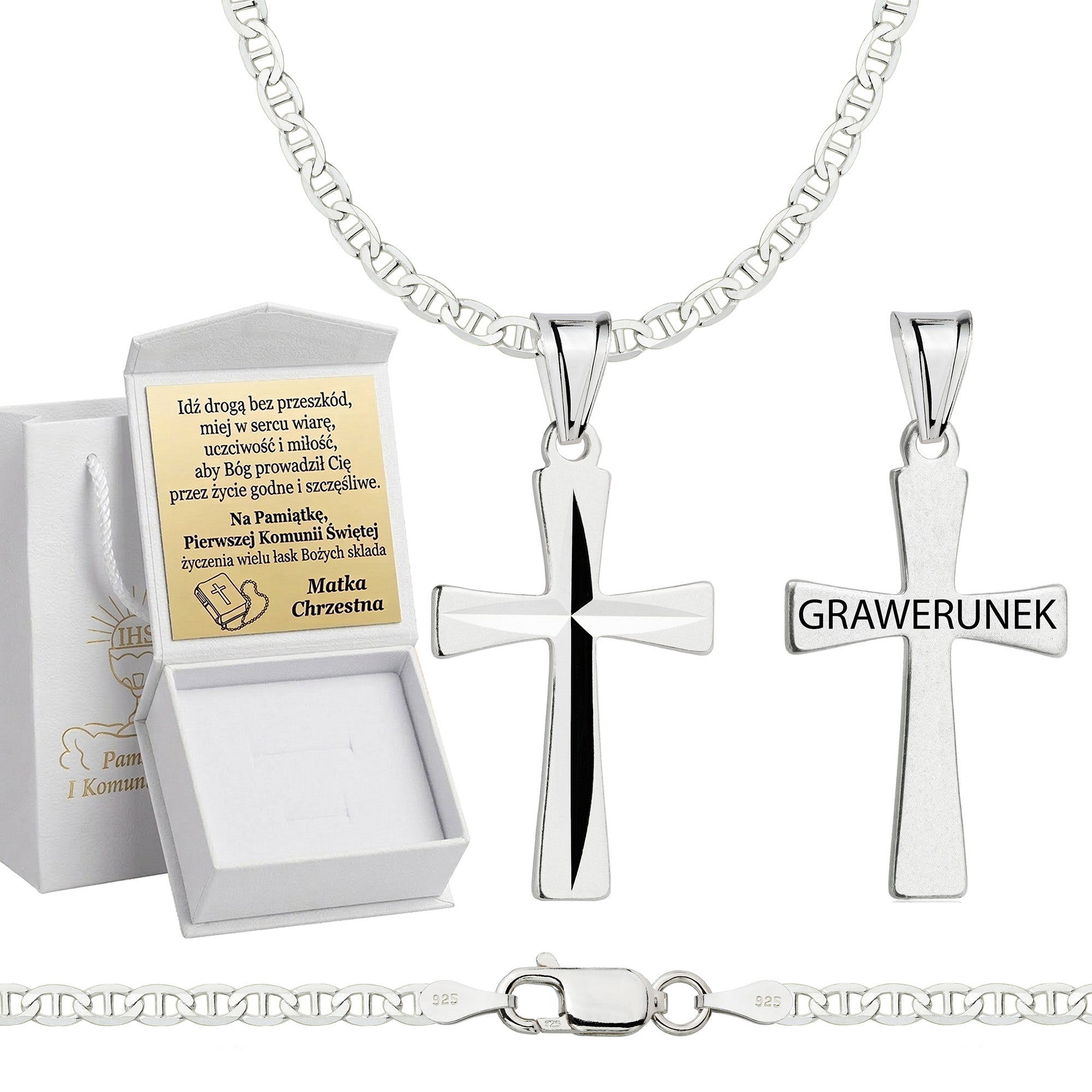 Łańcuszek komunijny srebrny z krzyżykiem gucci 2,6mm z grawerowanym pudełeczkiem i zawieszką pr. 925