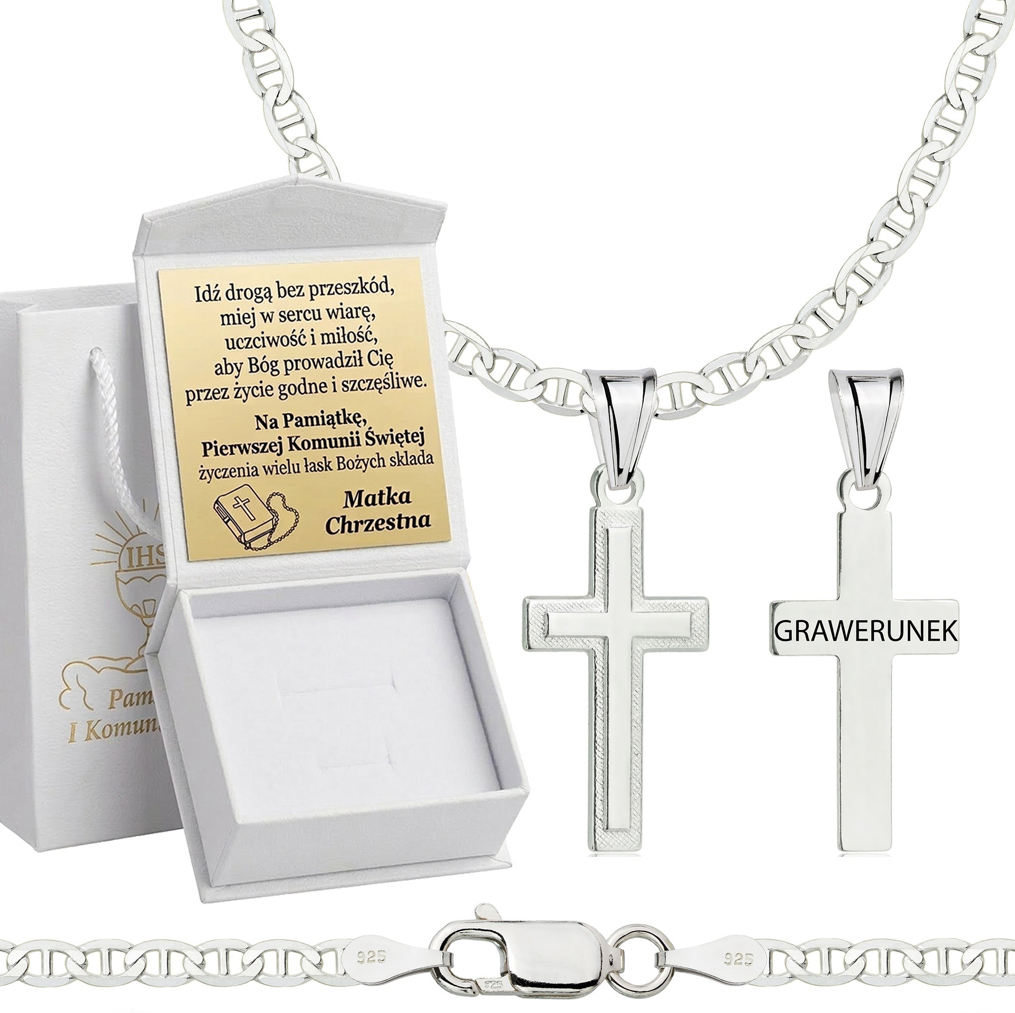 Łańcuszek komunijny srebrny z krzyżykiem gucci 2,6mm z grawerowanym pudełeczkiem i zawieszką pr. 925