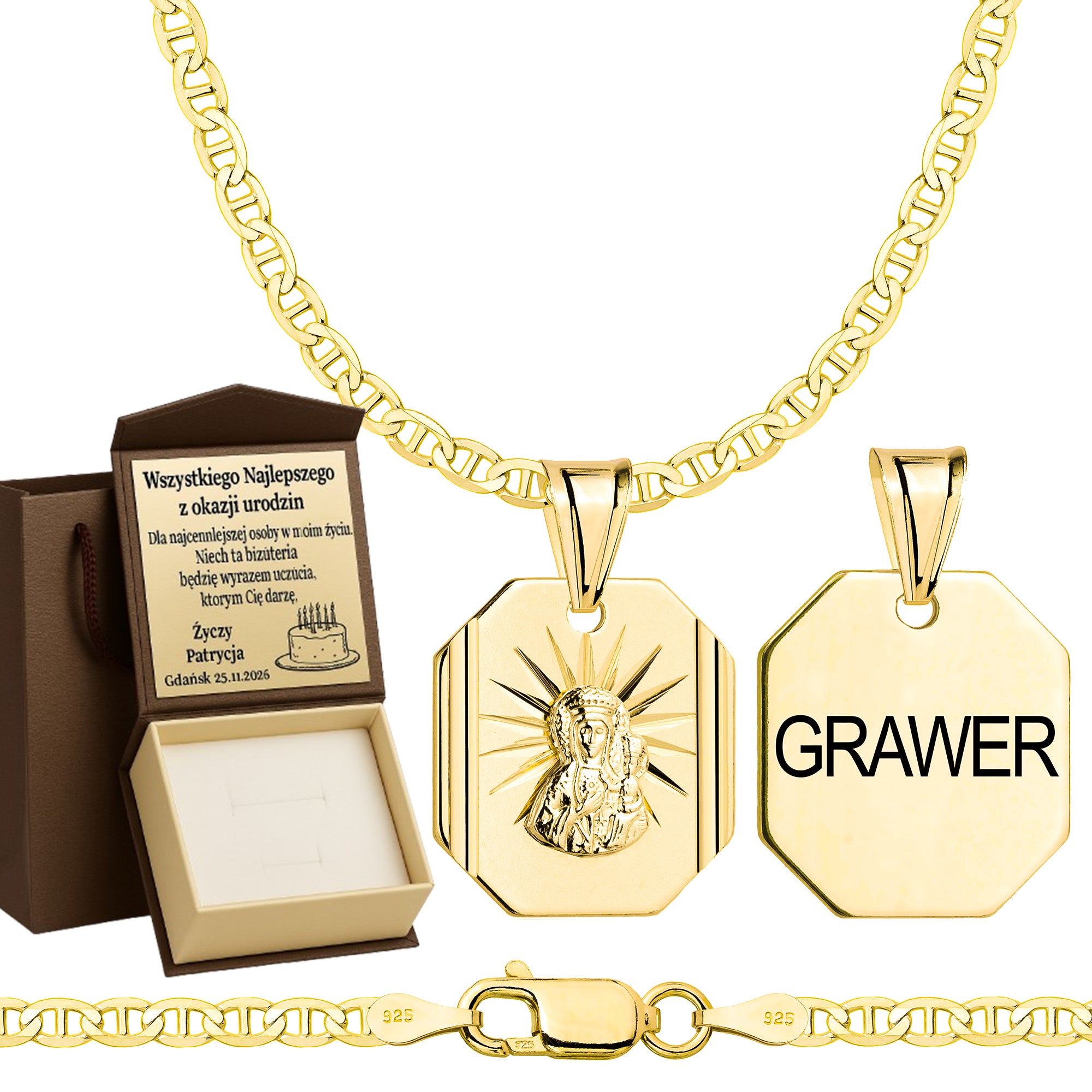 Łańcuszek pozłacany srebrny z medalikiem gucci 2,6mm pr. 925