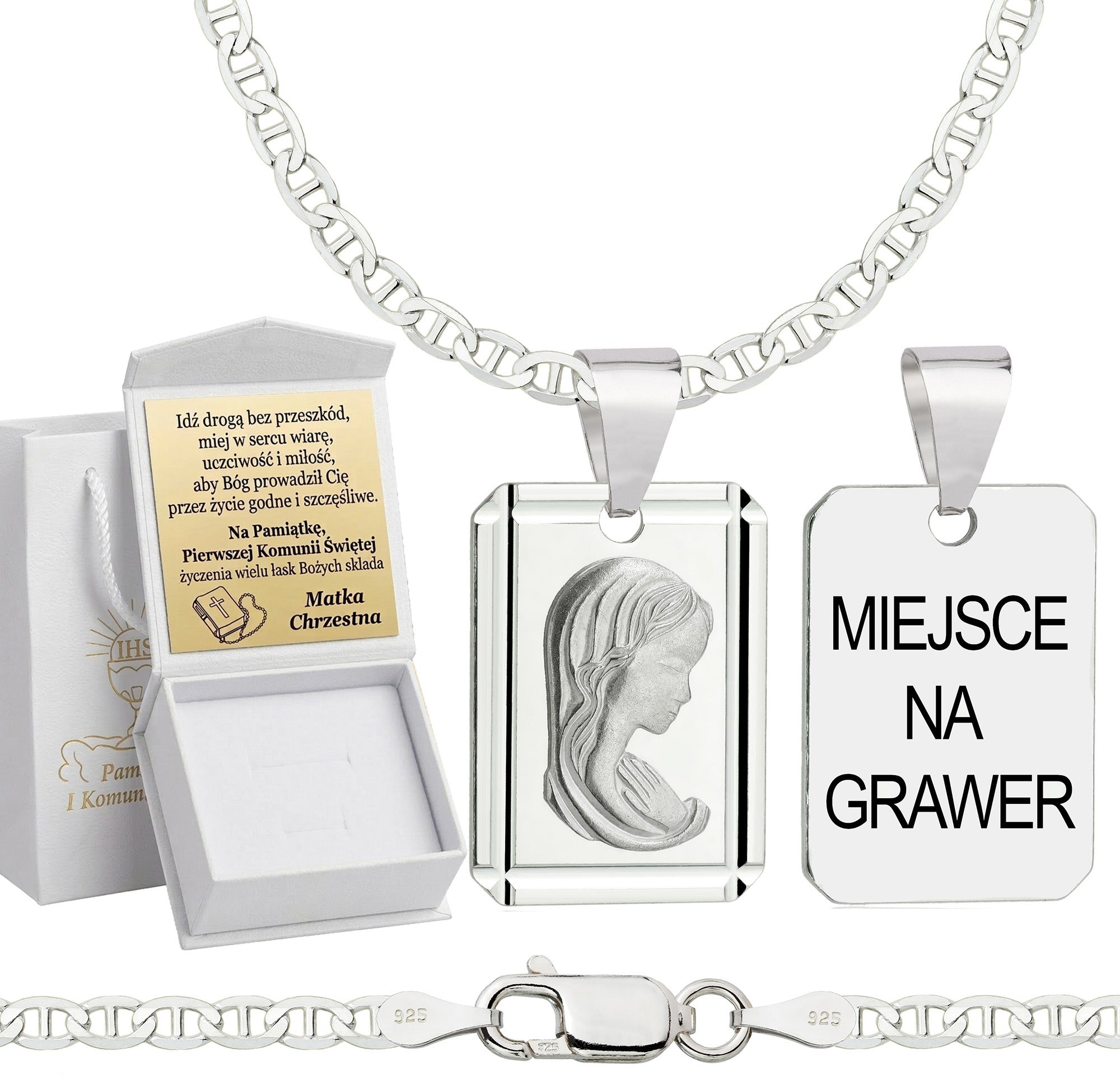 Łańcuszek komunijny srebrny z medalikiem gucci 2,6mm z grawerowanym pudełeczkiem i zawieszką pr. 925
