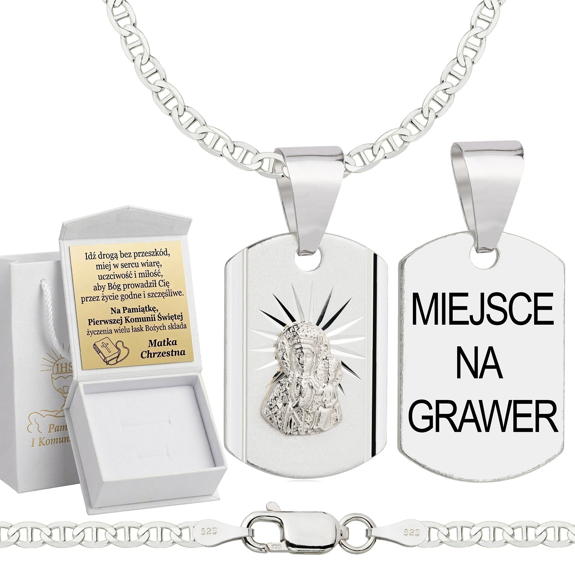 Łańcuszek komunijny srebrny z medalikiem gucci 2,6mm z grawerowanym pudełeczkiem i zawieszką pr. 925