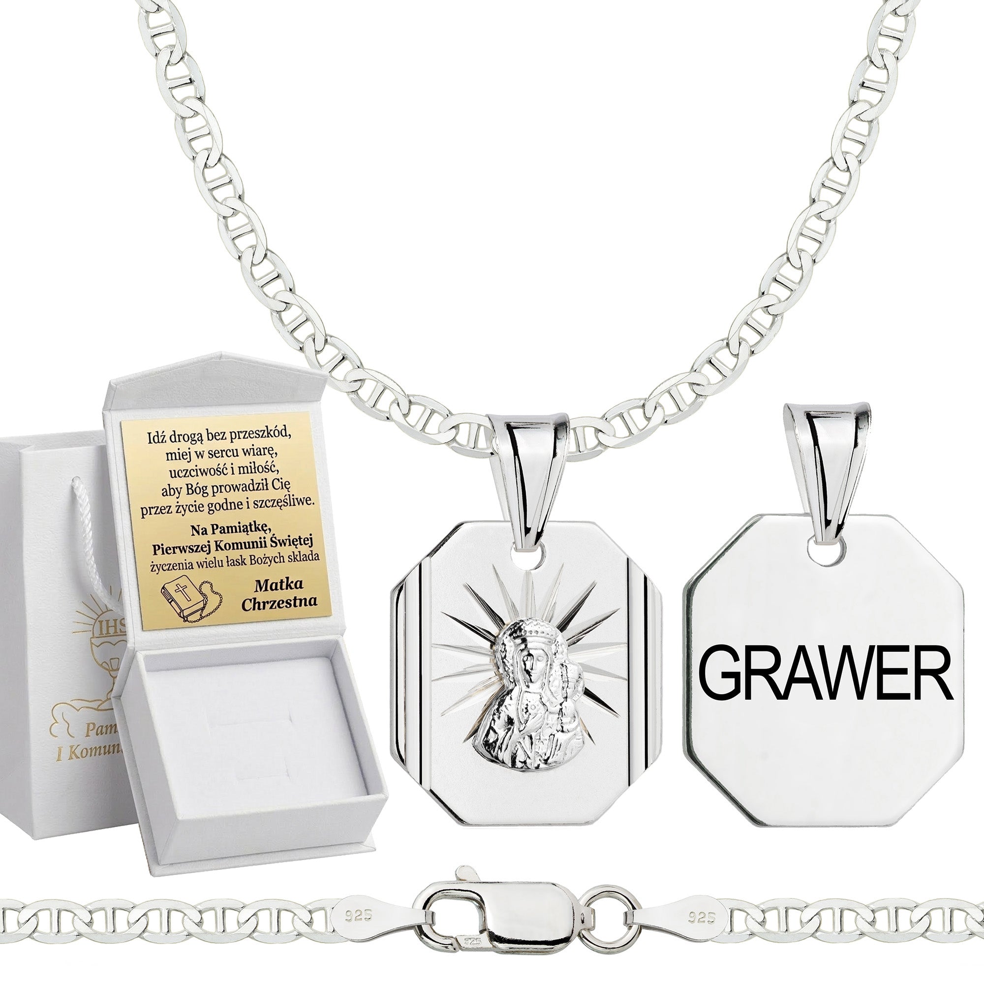 Łańcuszek komunijny srebrny z medalikiem gucci 2,6mm z grawerowanym pudełeczkiem i zawieszką pr. 925