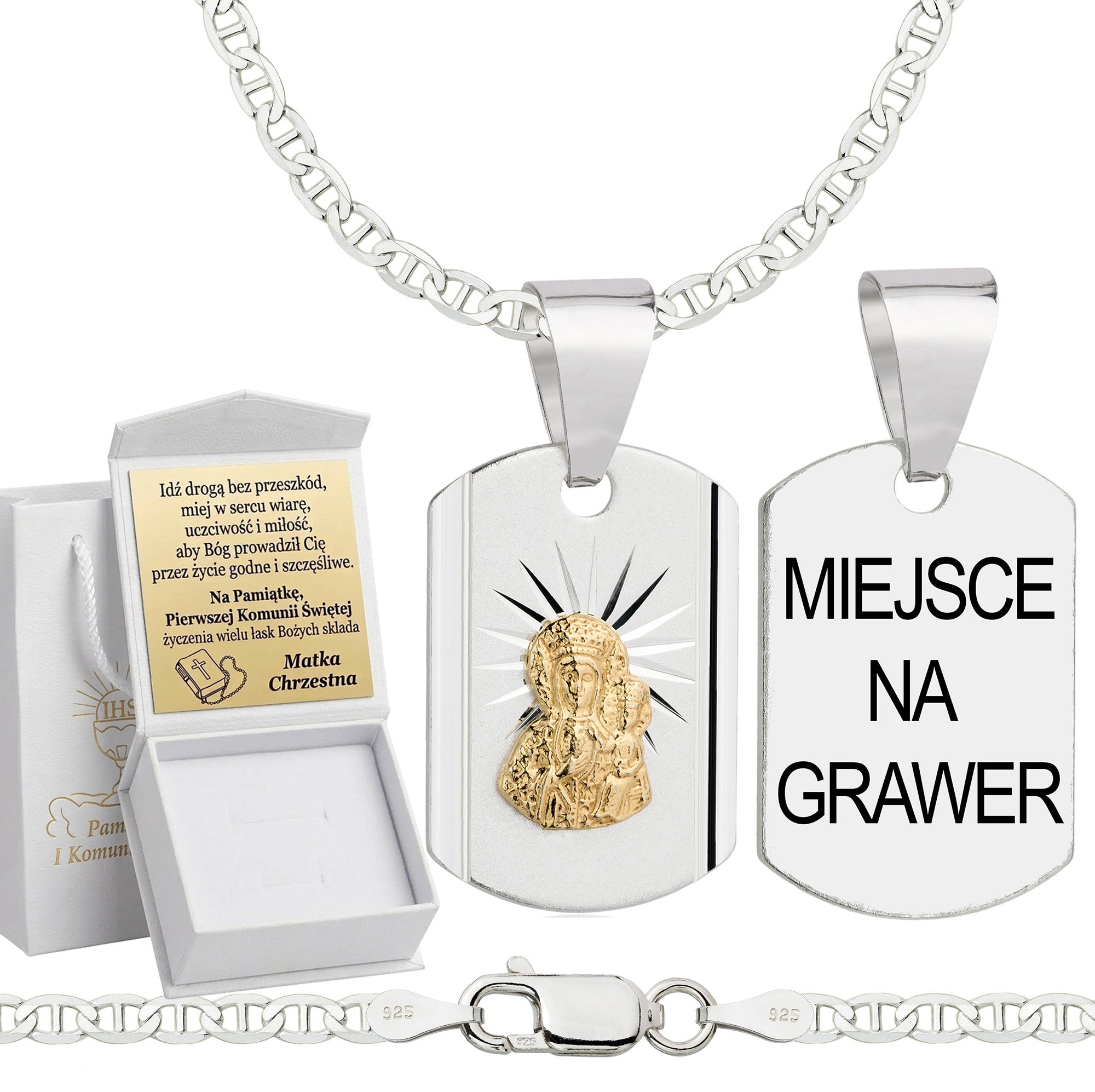 Łańcuszek komunijny srebrny z medalikiem gucci 2,6mm z grawerowanym pudełeczkiem i zawieszką pr. 925