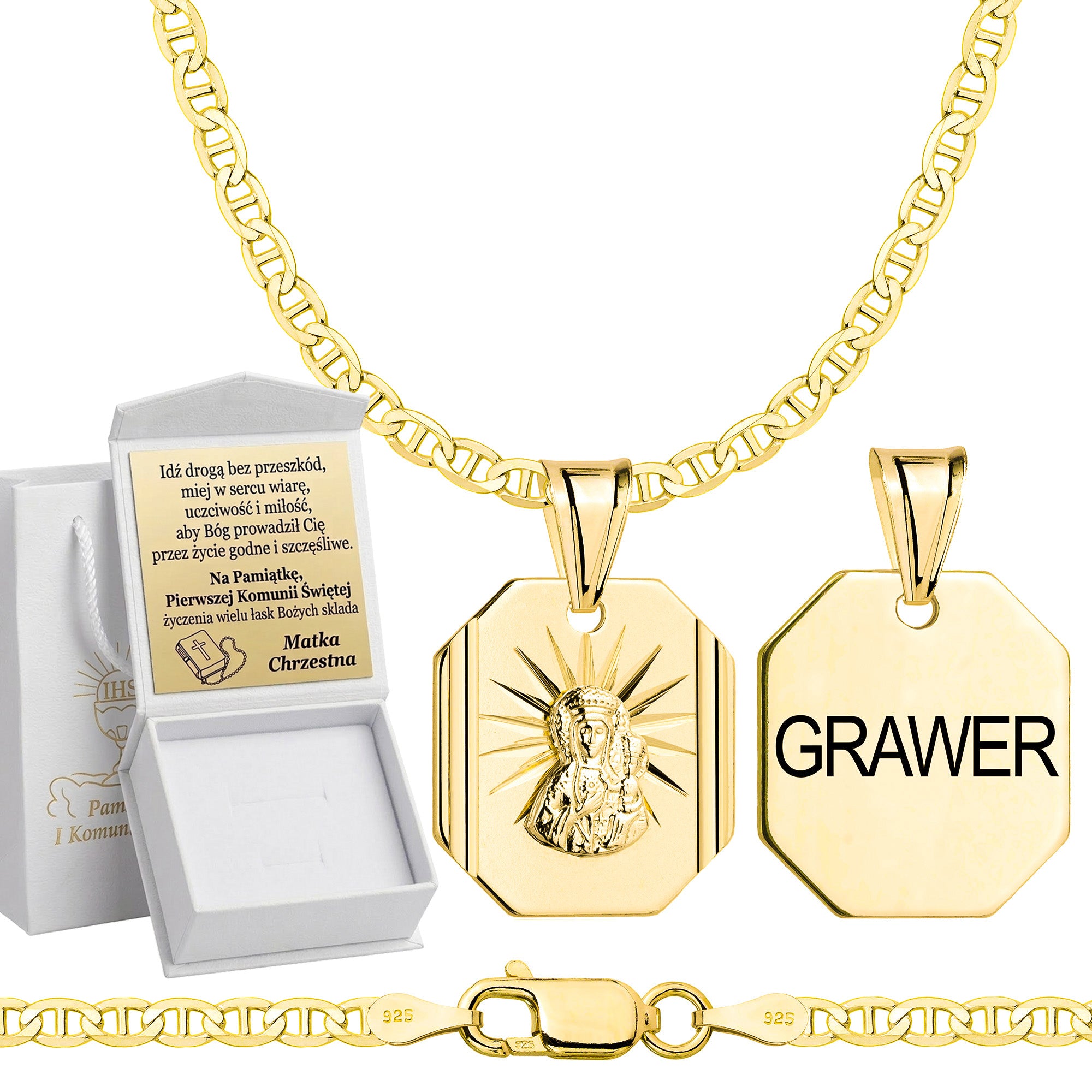 Łańcuszek komunijny pozłacany srebrny gucci z medalikiem 2,6mm z grawerowanym pudełeczkiem i zawieszką pr. 925