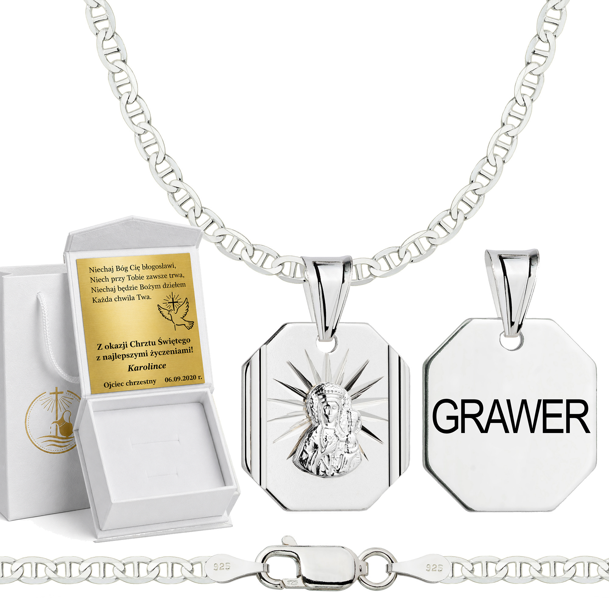 Łańcuszek na Chrzest srebrny z medalikiem gucci 2,6mm z grawerowanym pudełeczkiem i zawieszką pr. 925