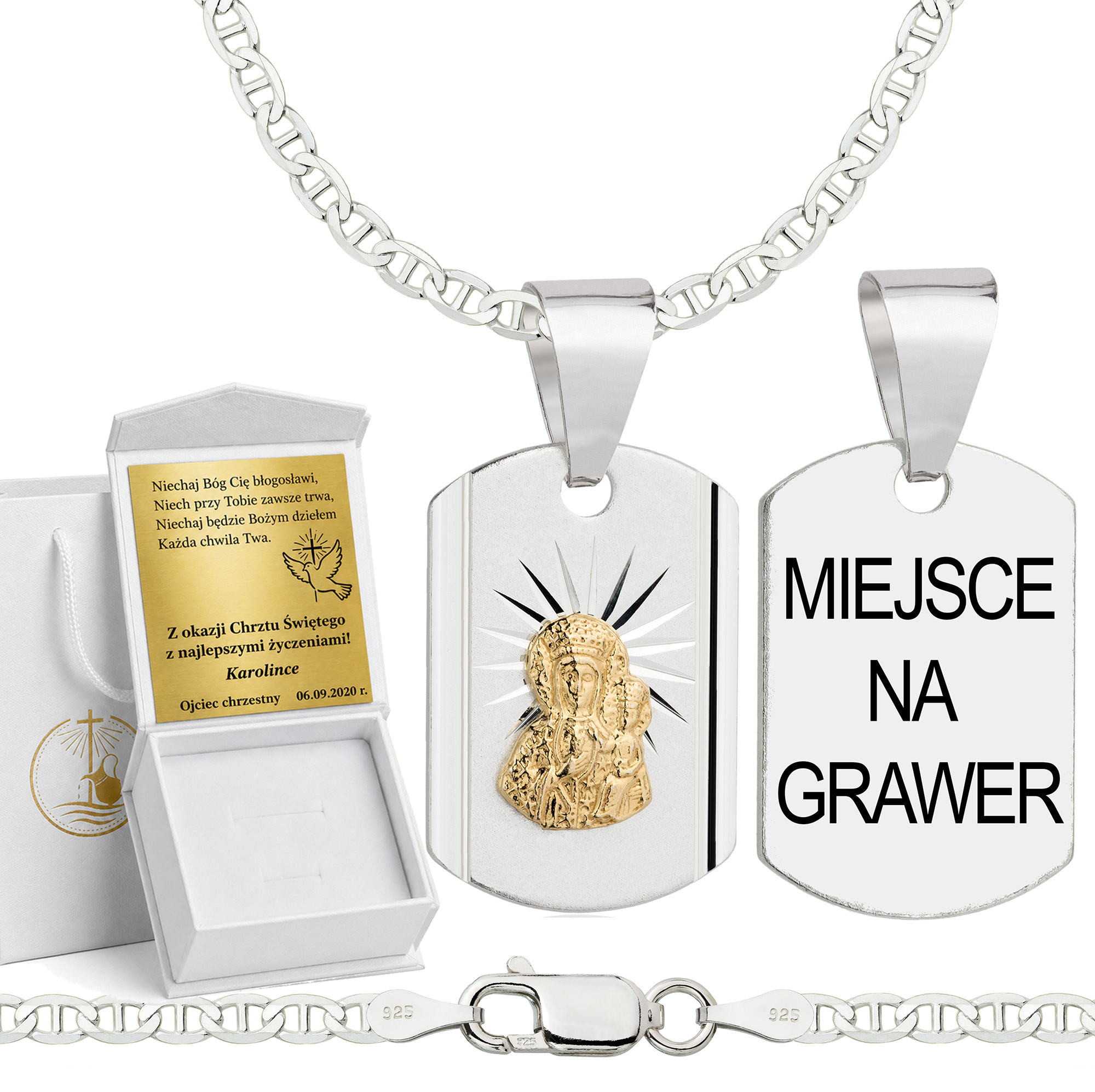 Łańcuszek na Chrzest srebrny z medalikiem gucci 2,6mm z grawerowanym pudełeczkiem i zawieszką pr. 925