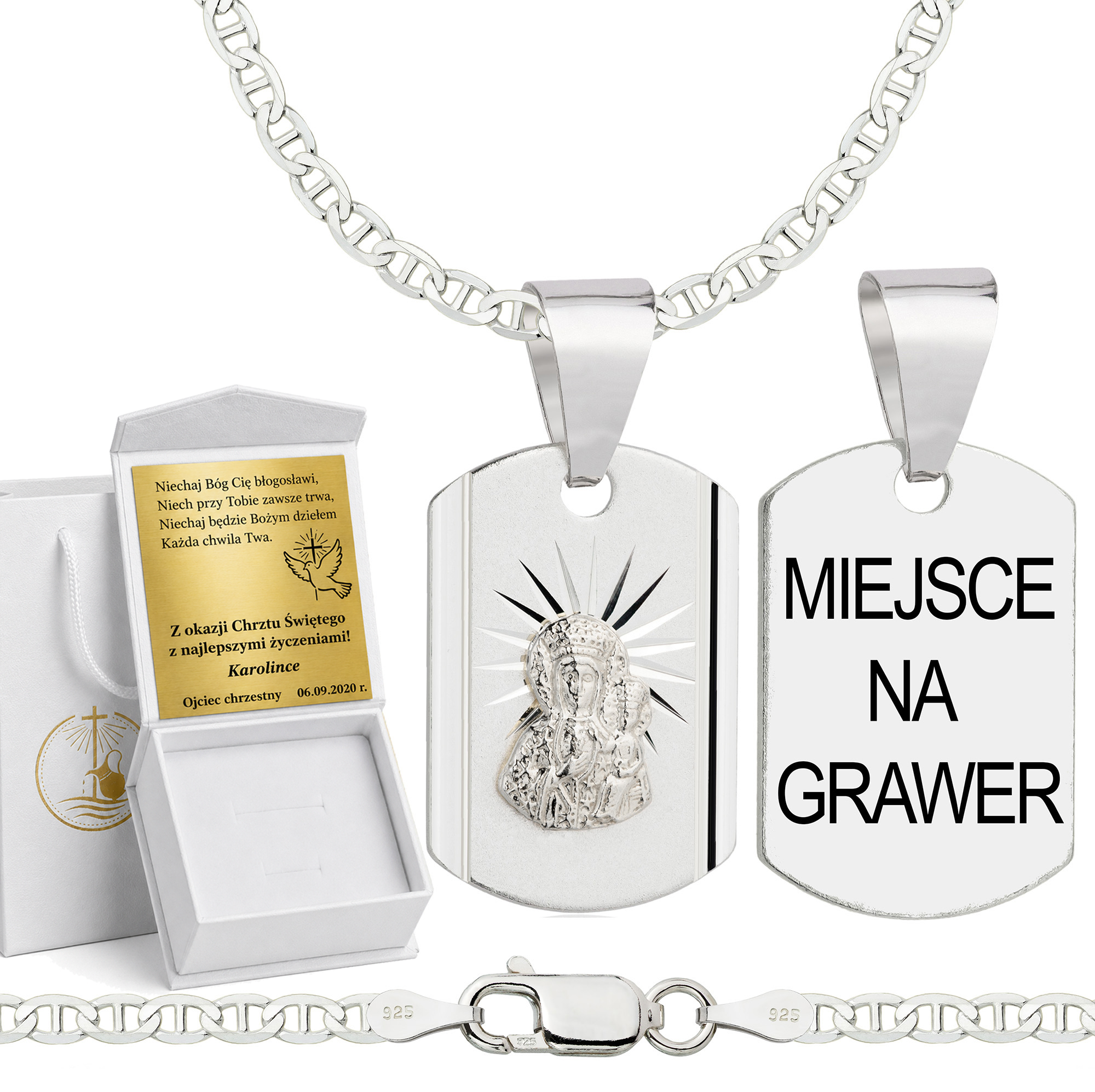 Łańcuszek na Chrzest srebrny z medalikiem gucci 2,6mm z grawerowanym pudełeczkiem i zawieszką pr. 925
