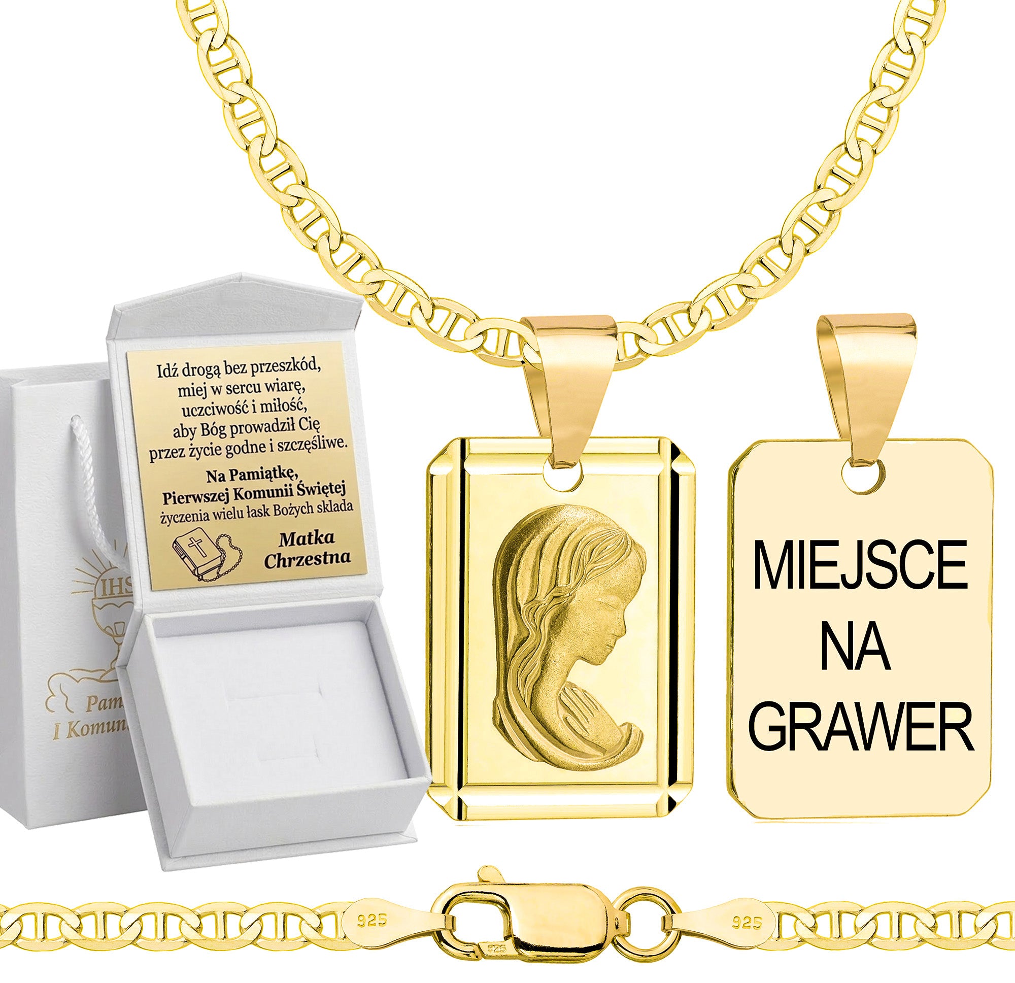 Łańcuszek komunijny pozłacany srebrny gucci z medalikiem 2,6mm z grawerowanym pudełeczkiem i zawieszką pr. 925