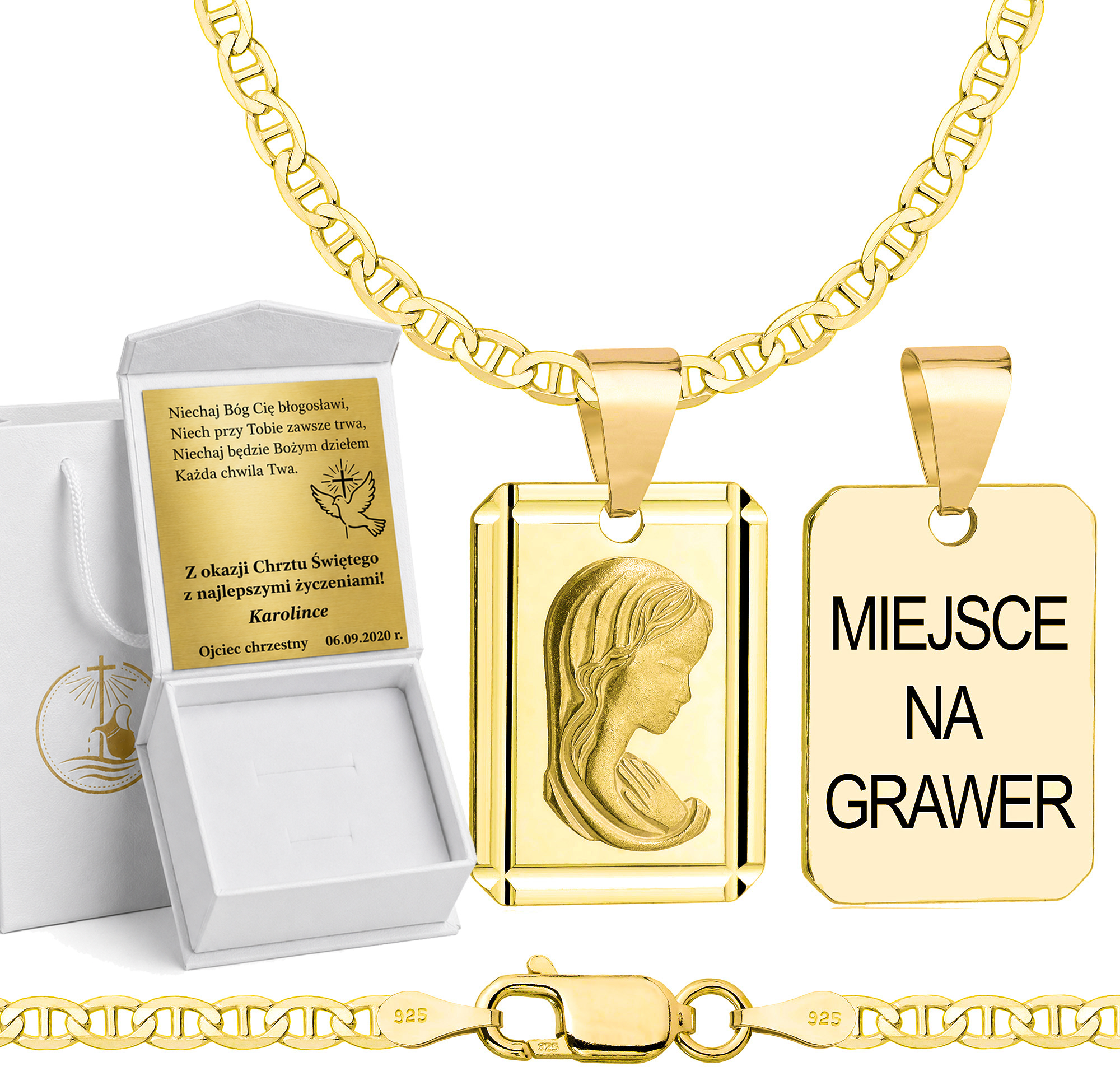 Łańcuszek na Chrzest pozłacany srebrny gucci z medalikiem 2,6mm z grawerowanym pudełeczkiem i zawieszką pr. 925